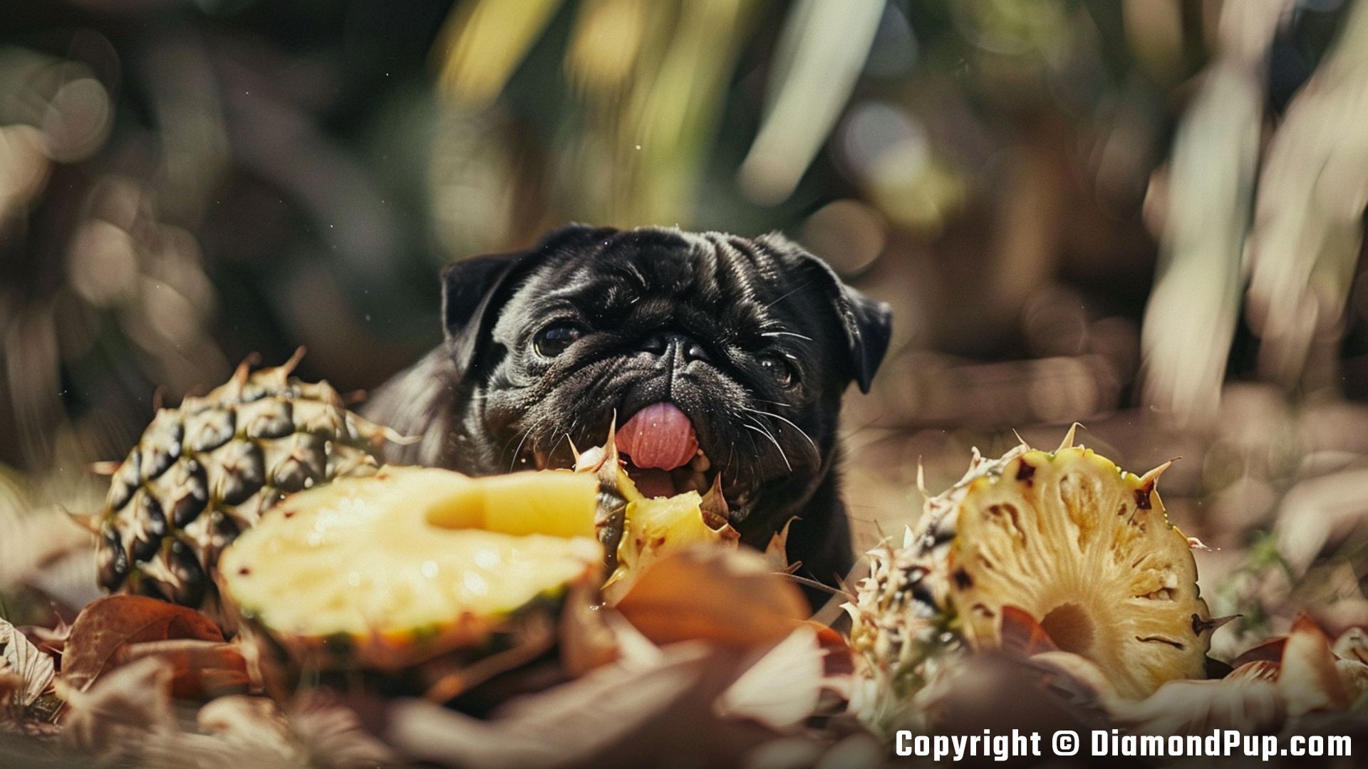 Photograph of an Adorable Pug Snacking on Pineapple