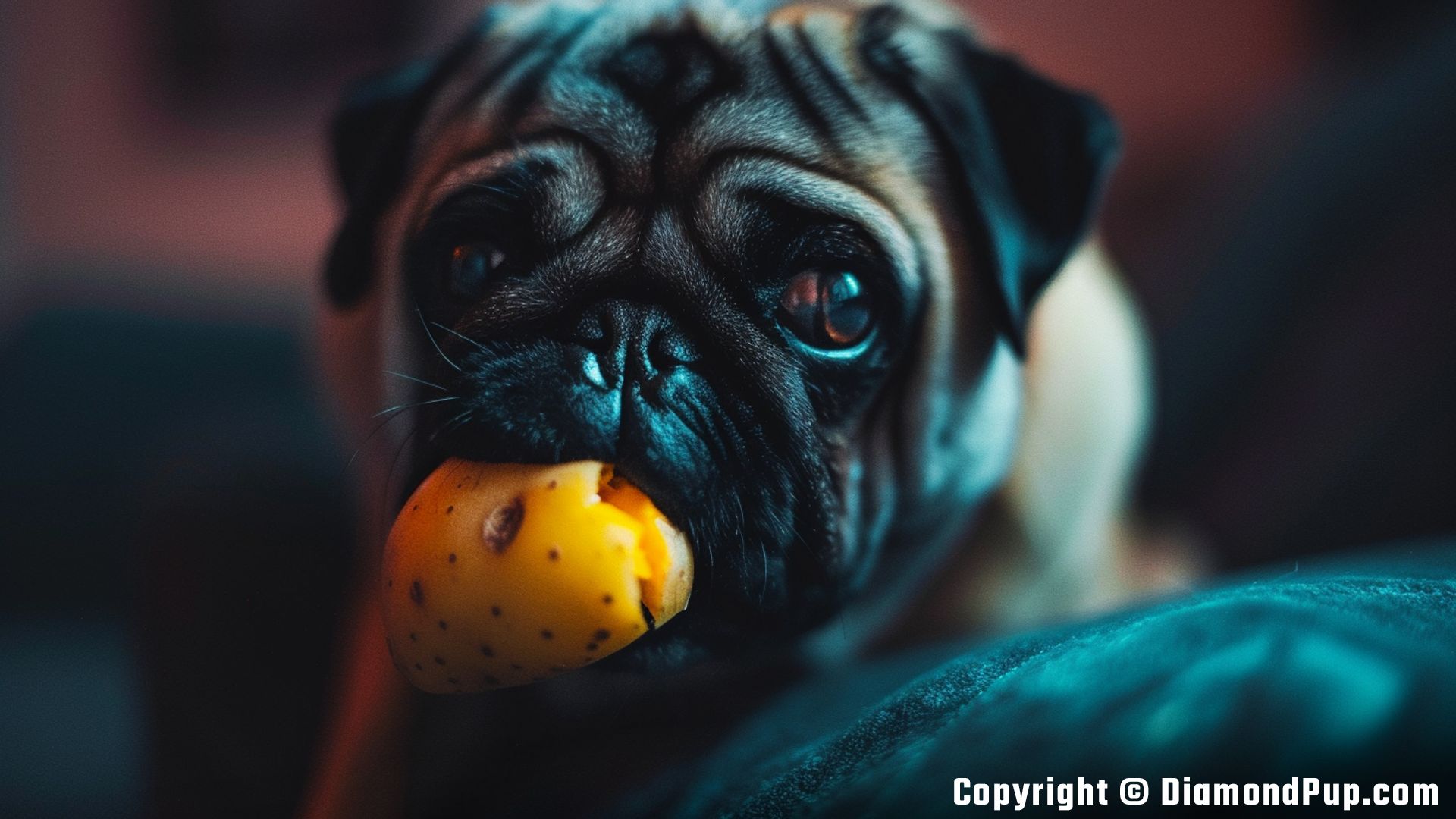Photograph of an Adorable Pug Snacking on Potato