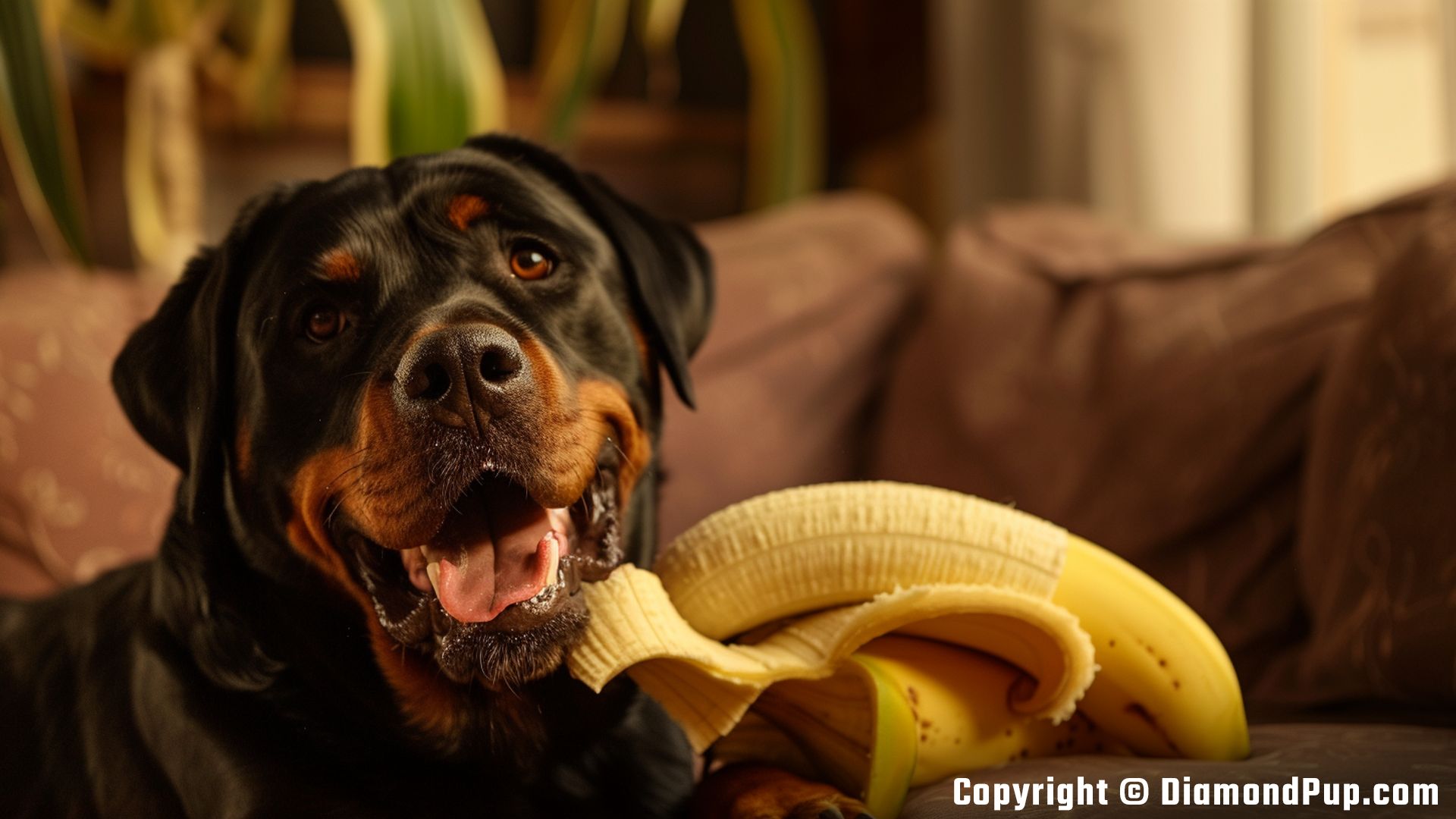 Photograph of an Adorable Rottweiler Eating Banana