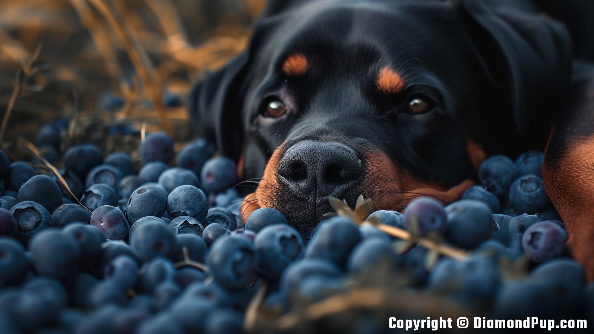 Photograph of an Adorable Rottweiler Eating Blueberries