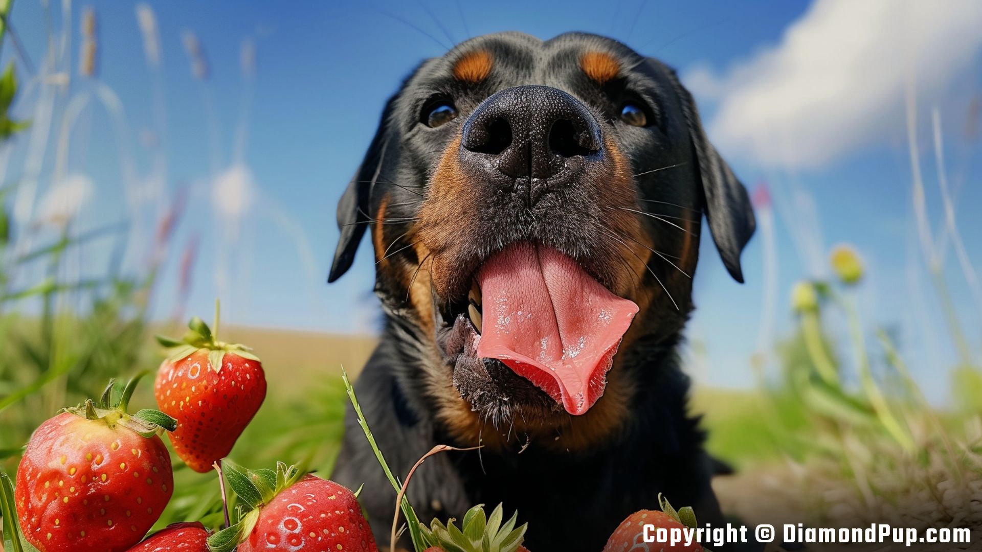 Photograph of an Adorable Rottweiler Eating Strawberries