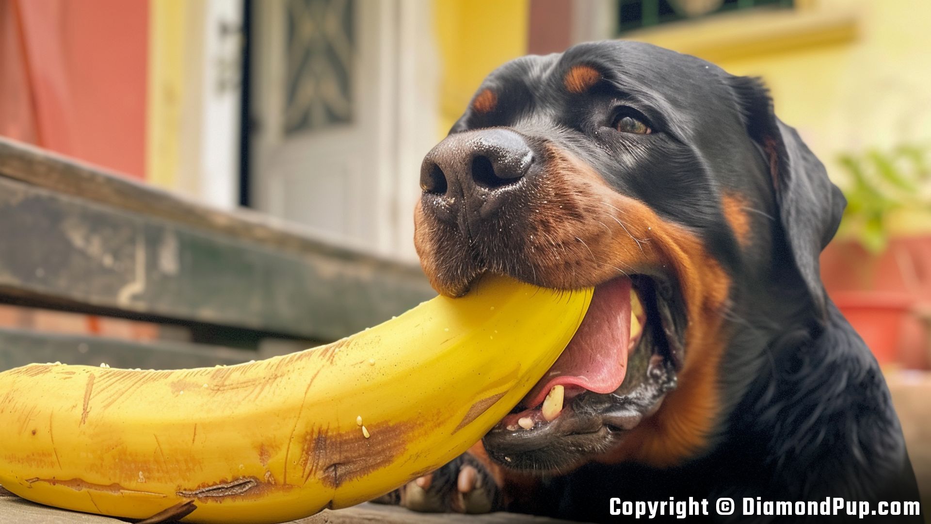 Photograph of an Adorable Rottweiler Snacking on Banana
