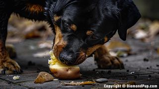 Photograph of an Adorable Rottweiler Snacking on Potato