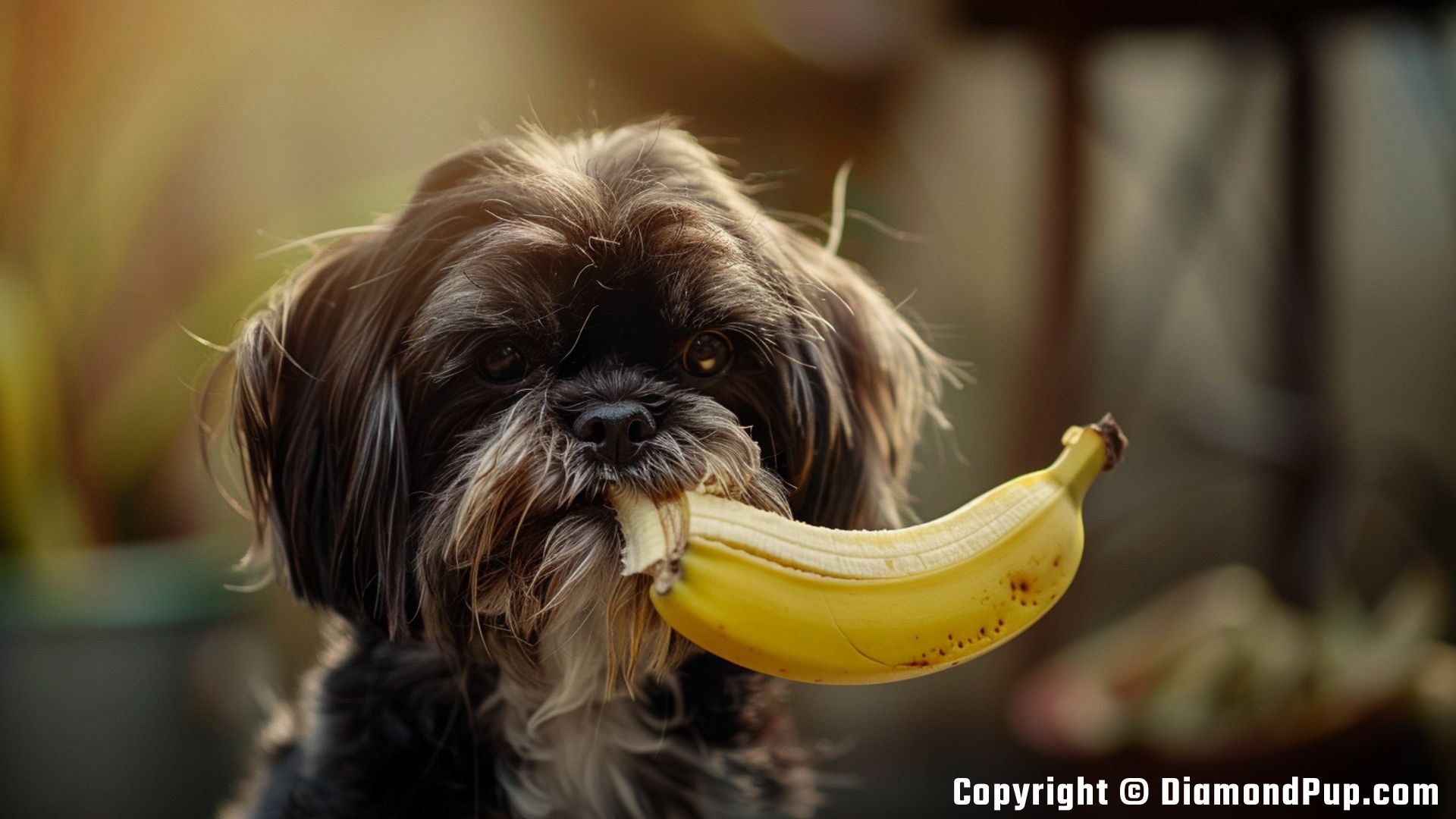 Photograph of an Adorable Shih Tzu Eating Banana