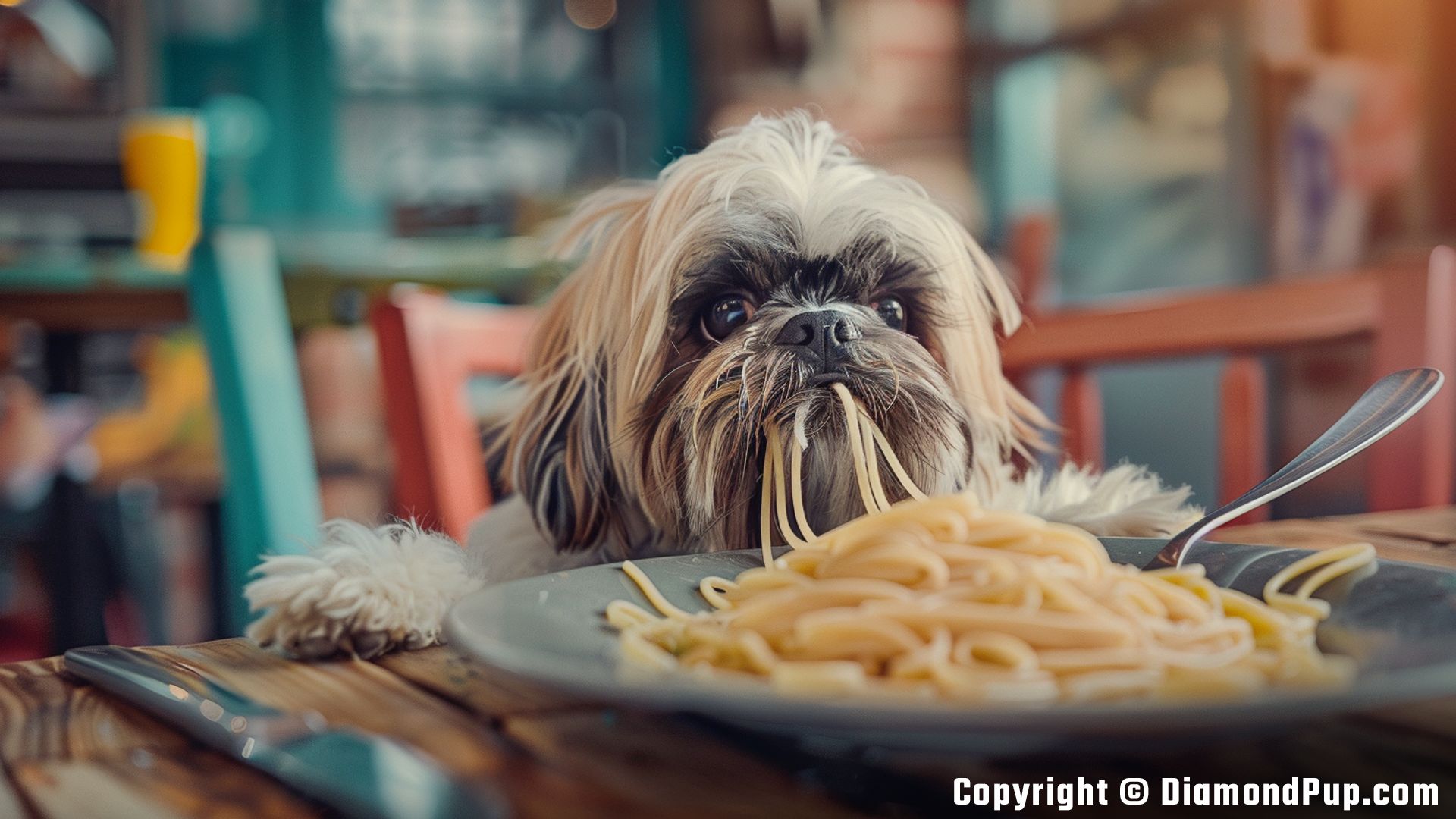 Photograph of an Adorable Shih Tzu Eating Pasta