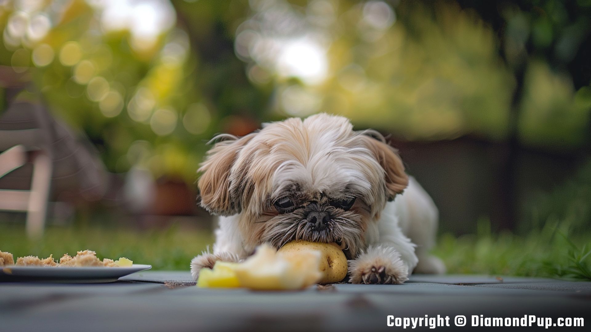 Photograph of an Adorable Shih Tzu Eating Potato