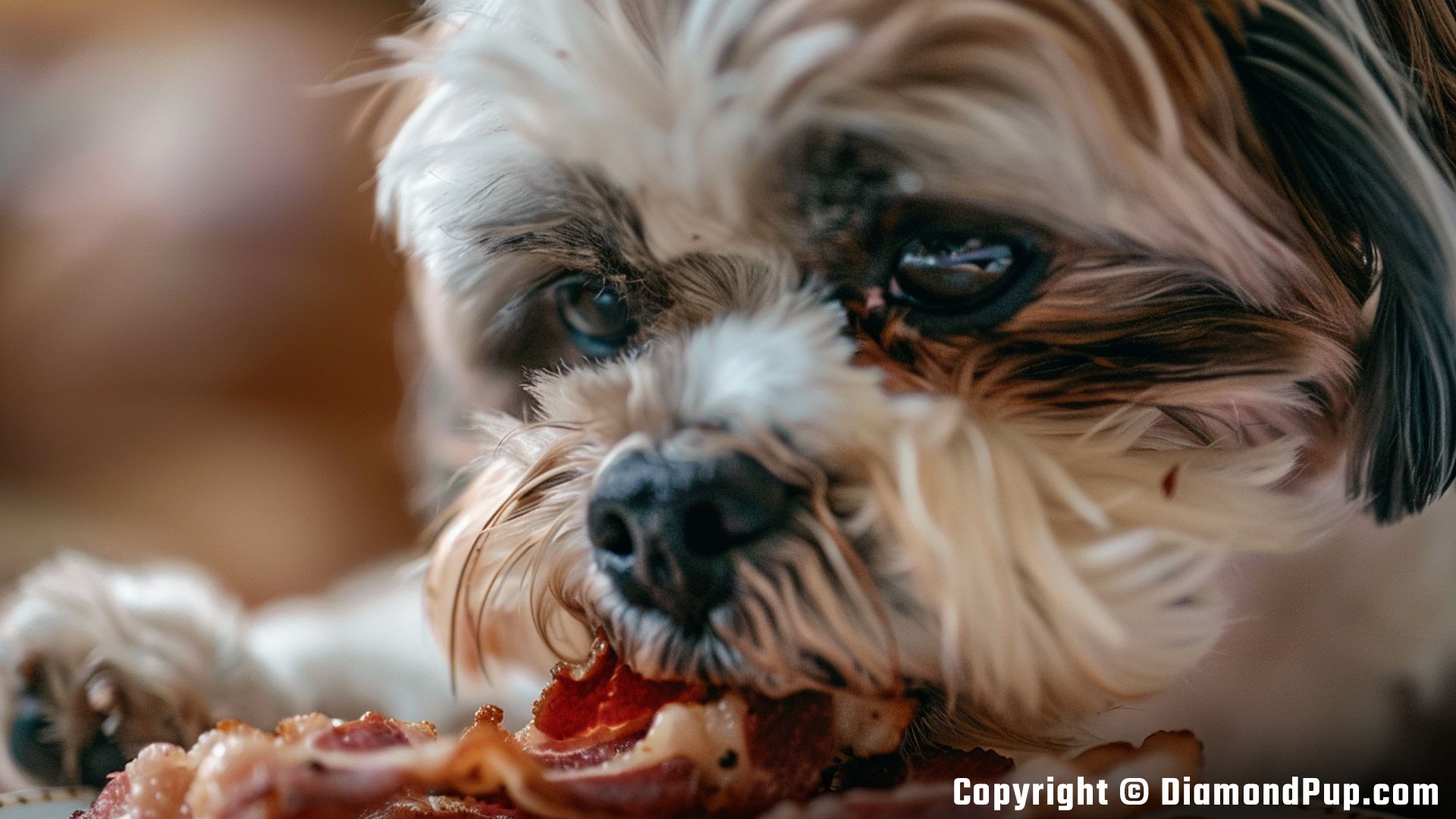 Photograph of an Adorable Shih Tzu Snacking on Bacon