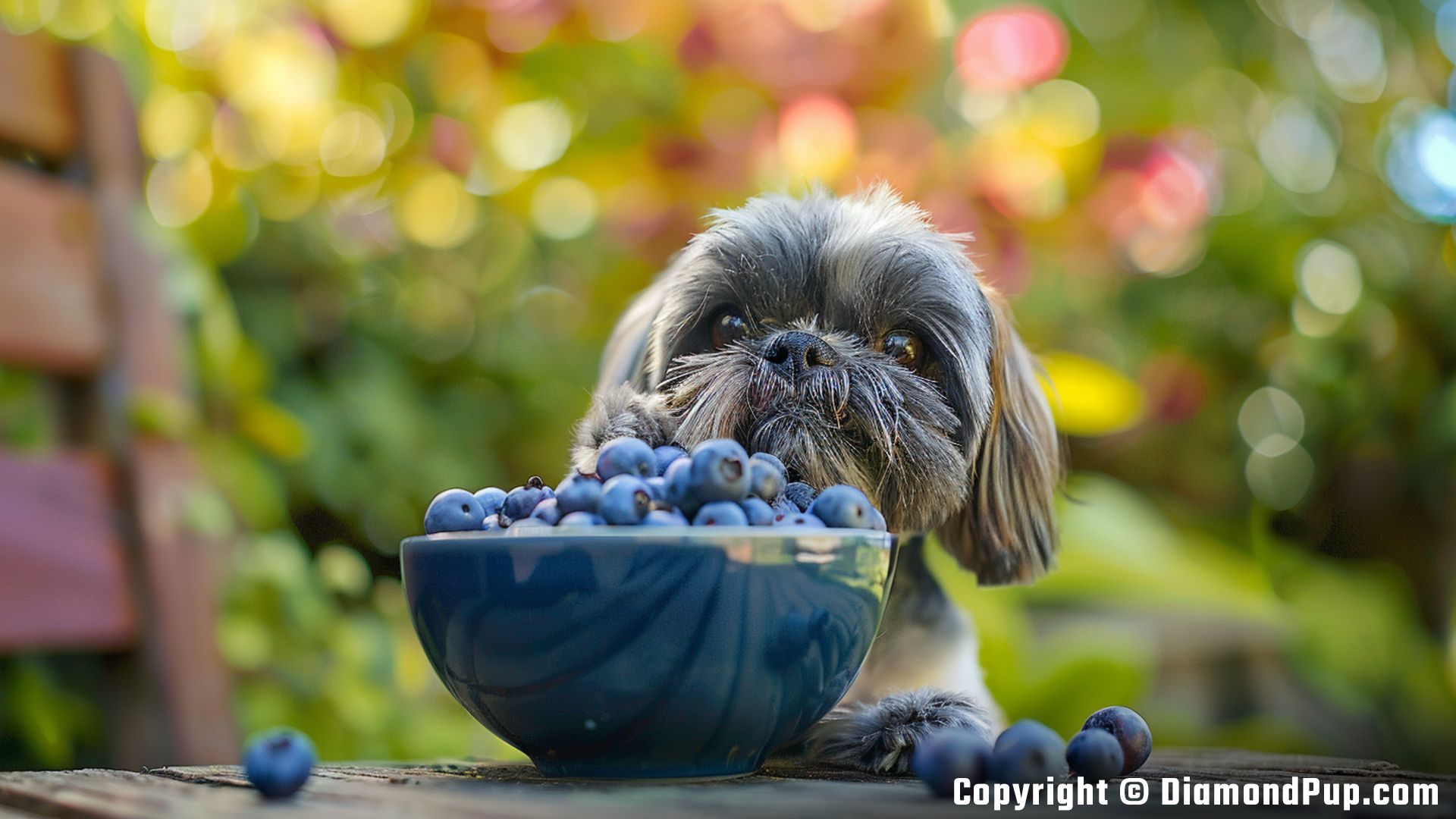 Photograph of an Adorable Shih Tzu Snacking on Blueberries