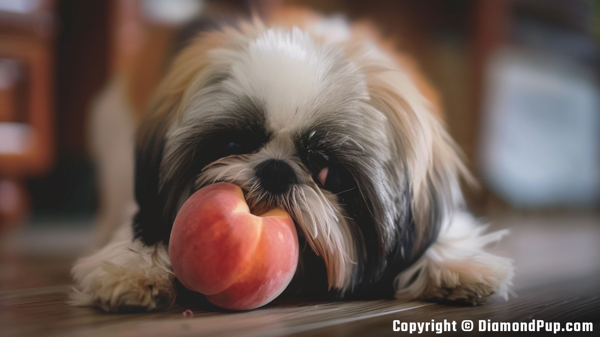 Photograph of an Adorable Shih Tzu Snacking on Peaches