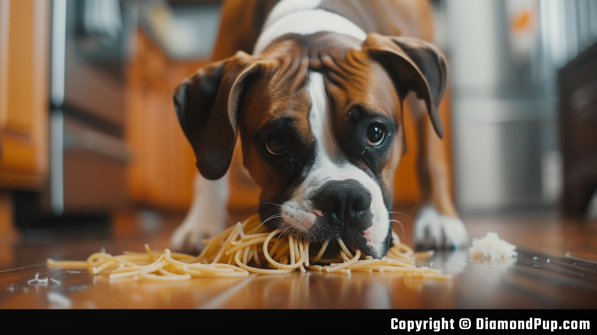Photograph of Boxer Eating Pasta