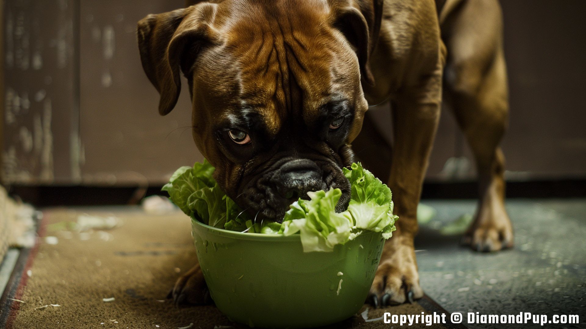 Photograph of Boxer Snacking on Lettuce