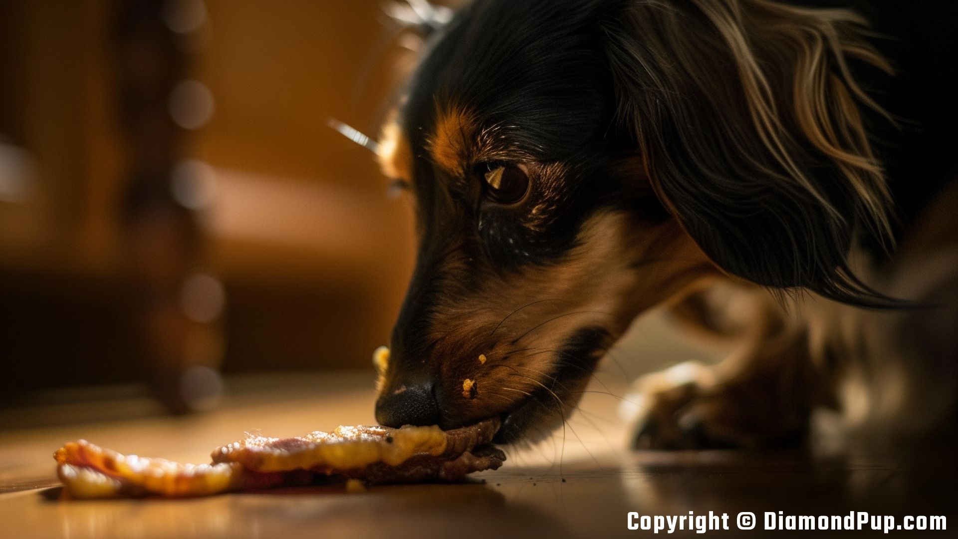 Photograph of Dachshund Snacking on Bacon