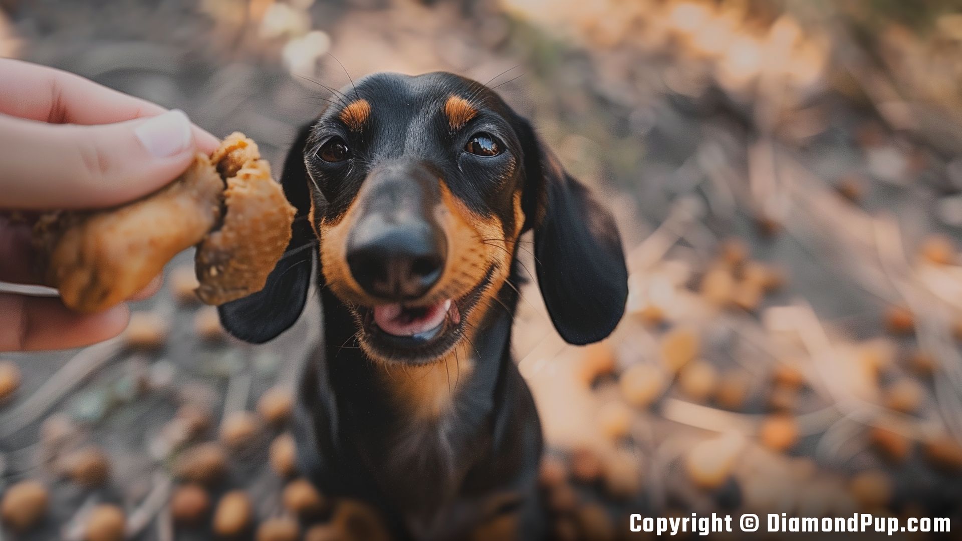 Photograph of Dachshund Snacking on Chicken