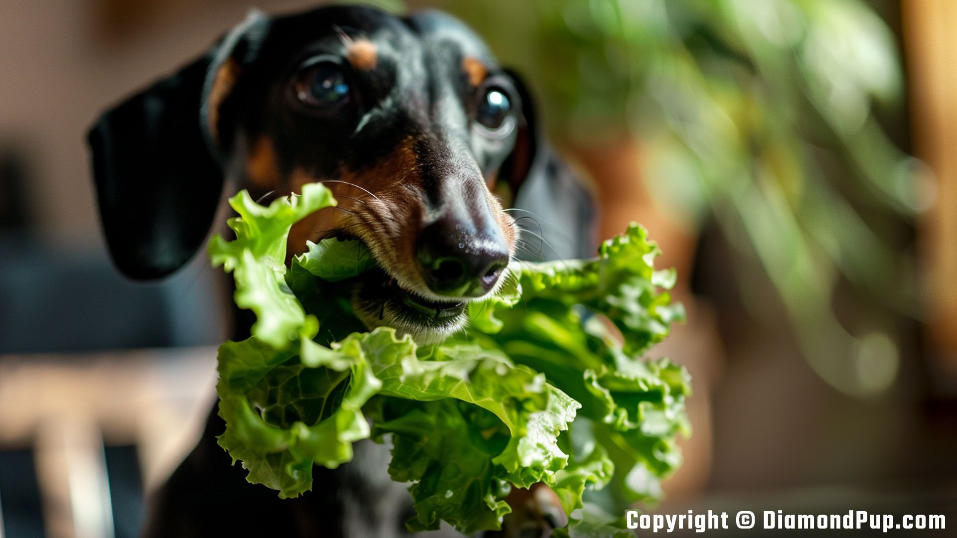 Photograph of Dachshund Snacking on Lettuce