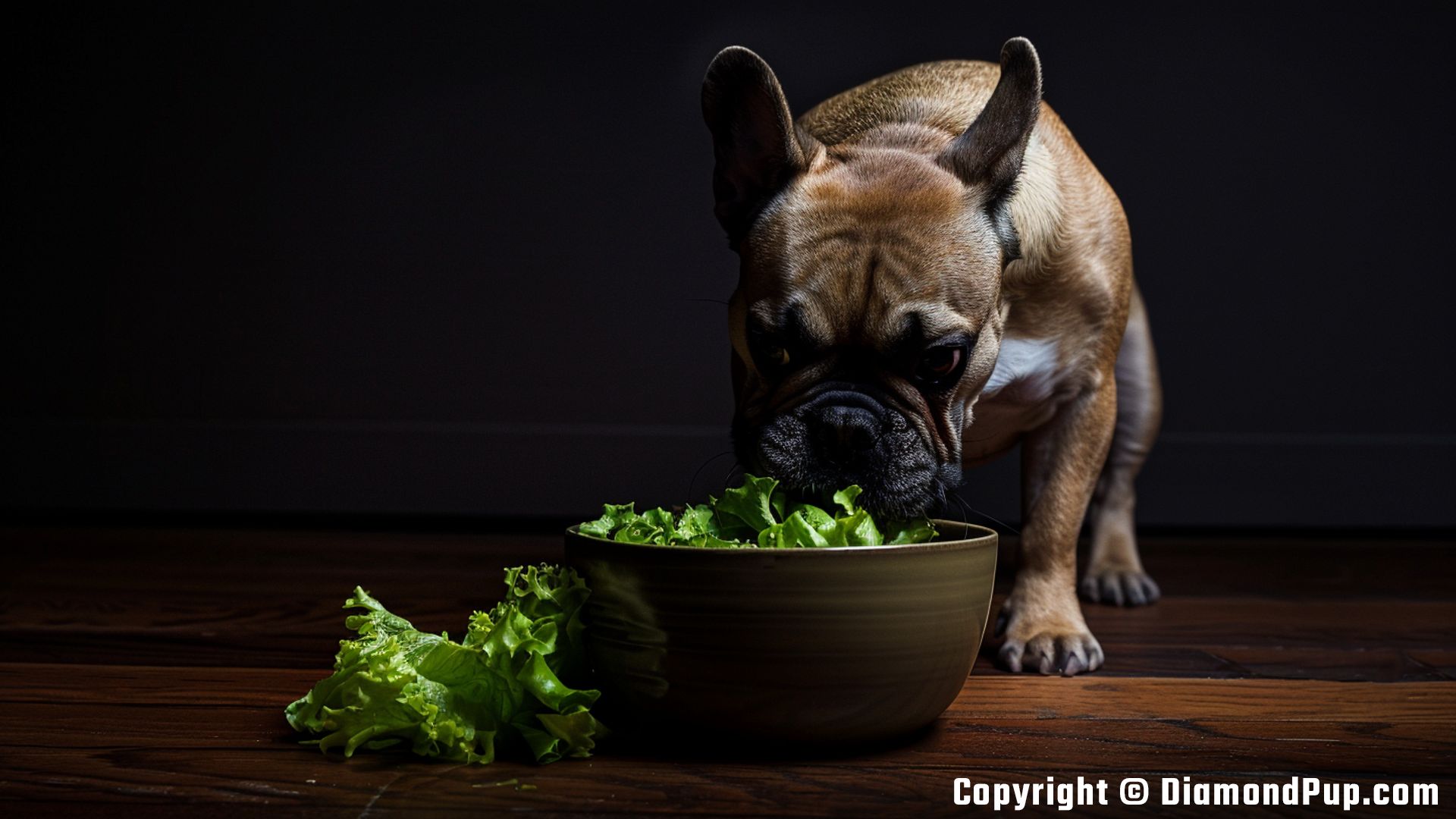 Photograph of French Bulldog Snacking on Lettuce