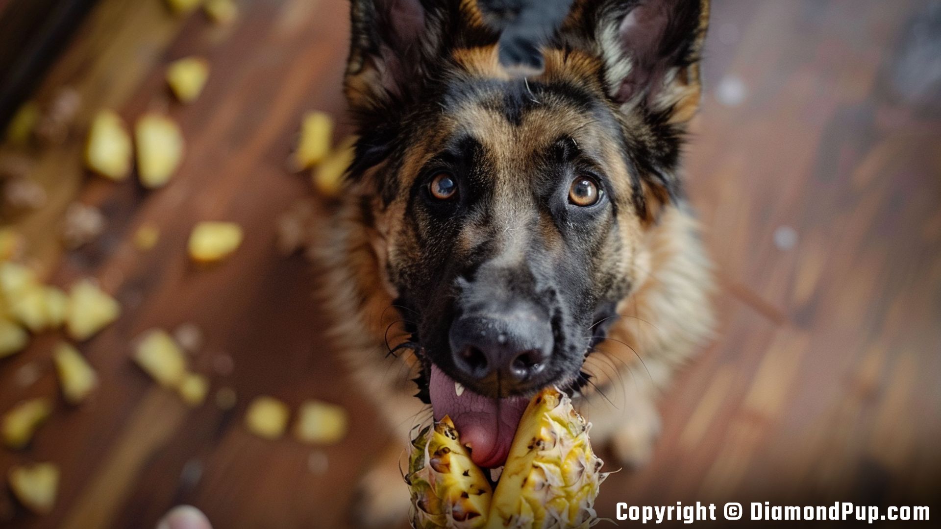 Photograph of German Shepherd Eating Pineapple