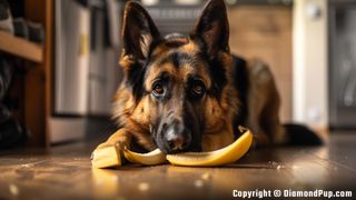 Photograph of German Shepherd Snacking on Banana