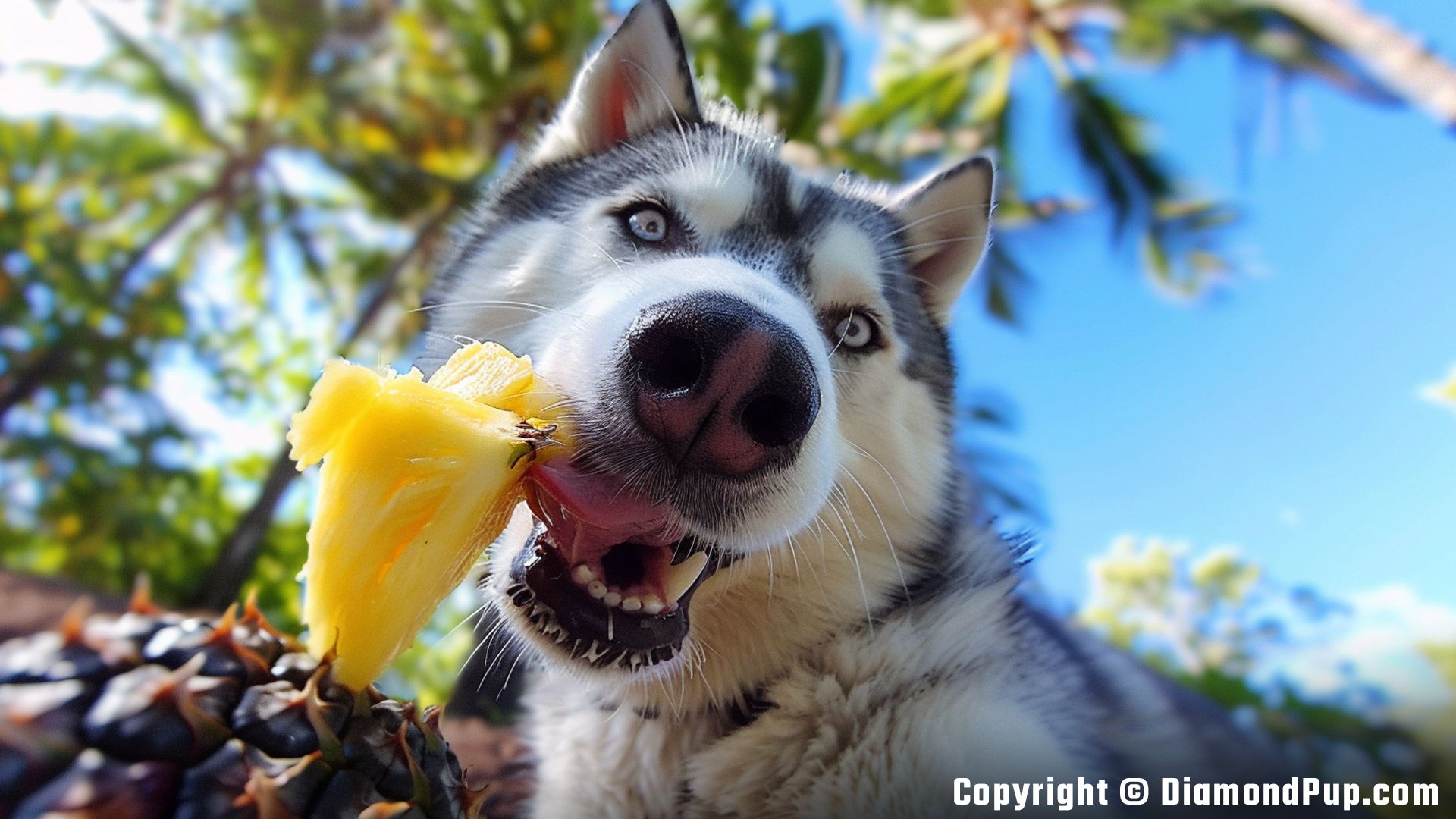 Photograph of Husky Snacking on Pineapple