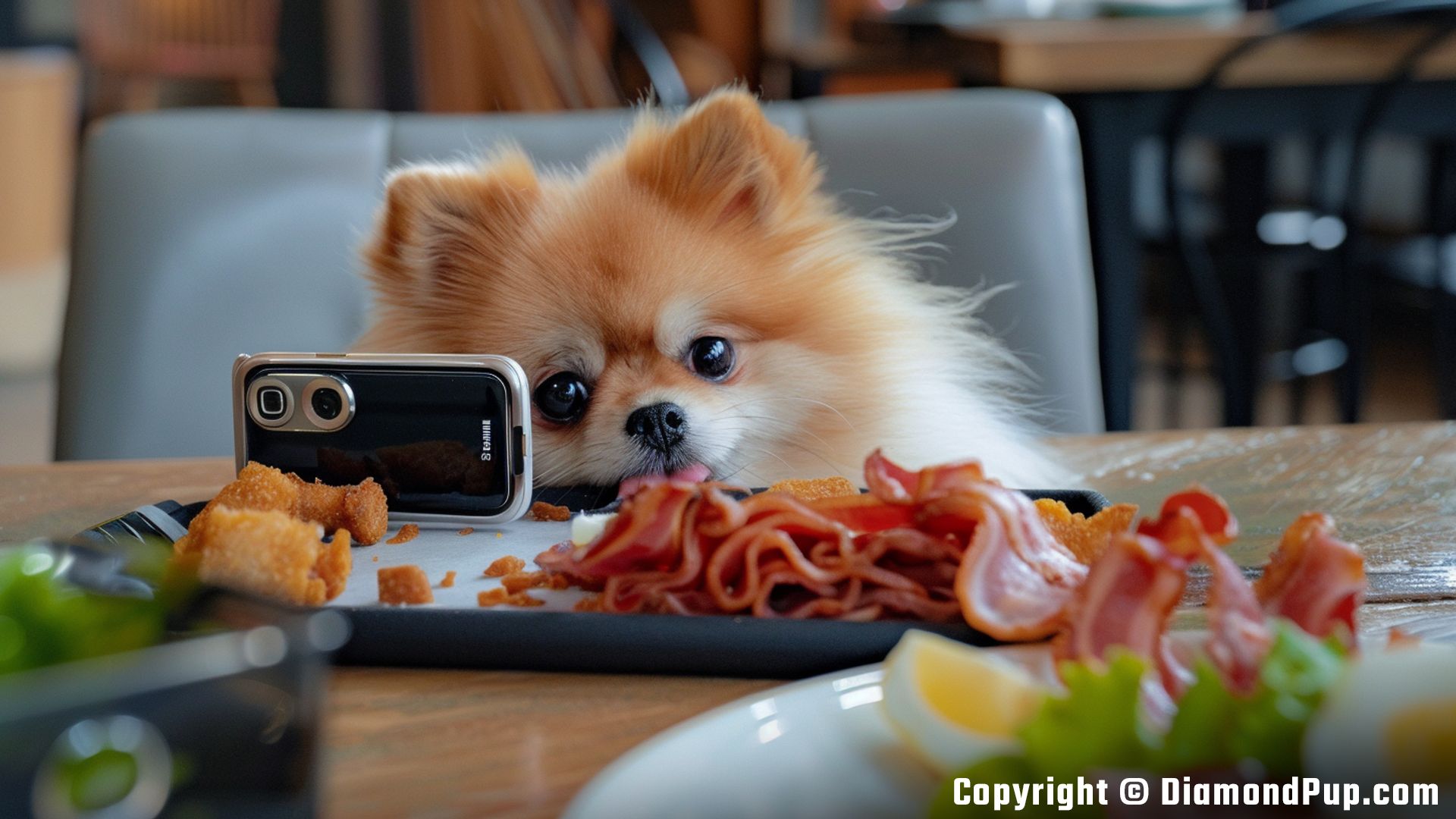 Photograph of Pomeranian Eating Bacon