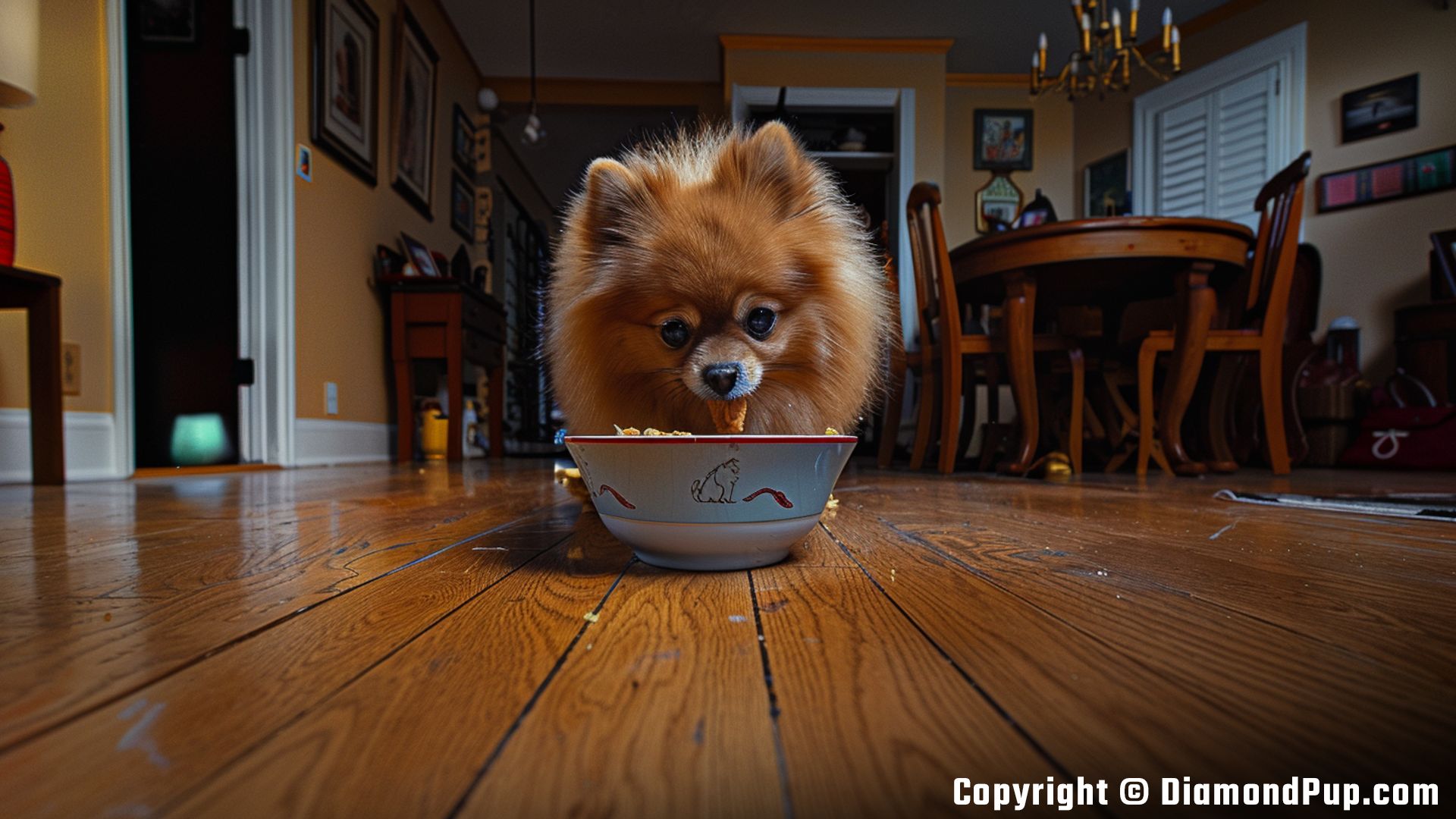 Photograph of Pomeranian Snacking on Chicken