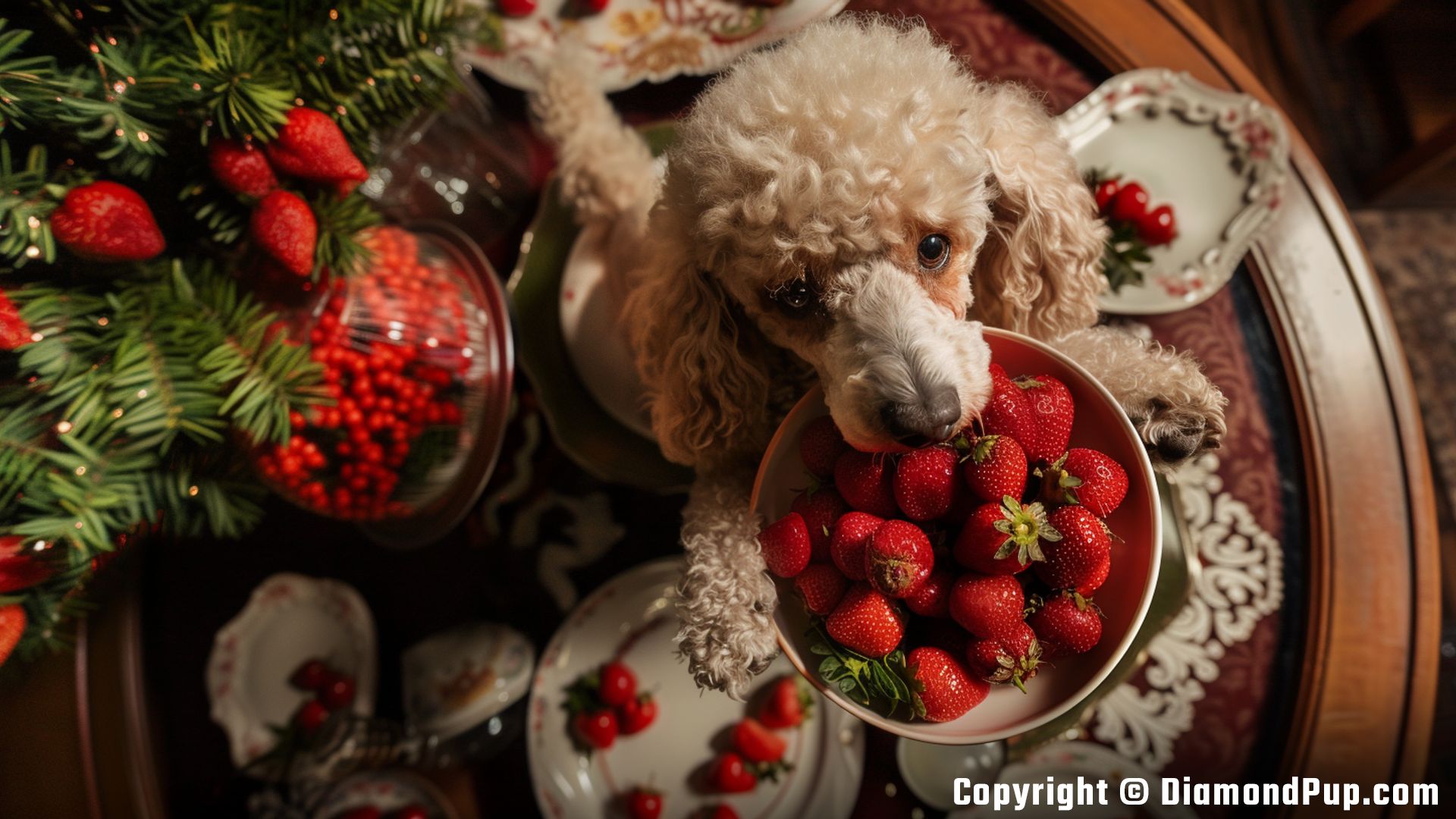 Photograph of Poodle Snacking on Strawberries