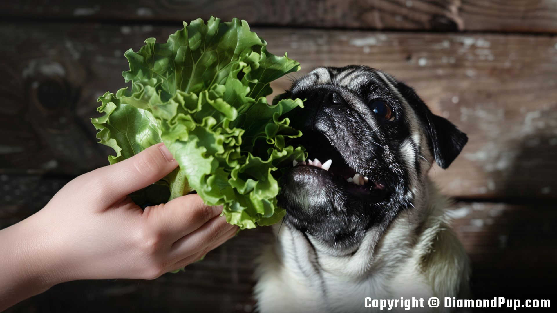 Photograph of Pug Eating Lettuce