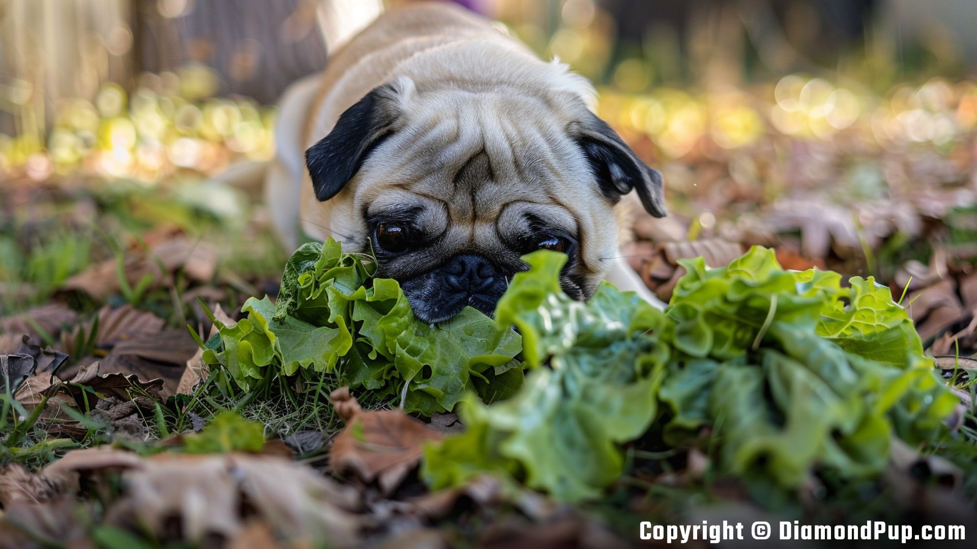 Photograph of Pug Snacking on Lettuce