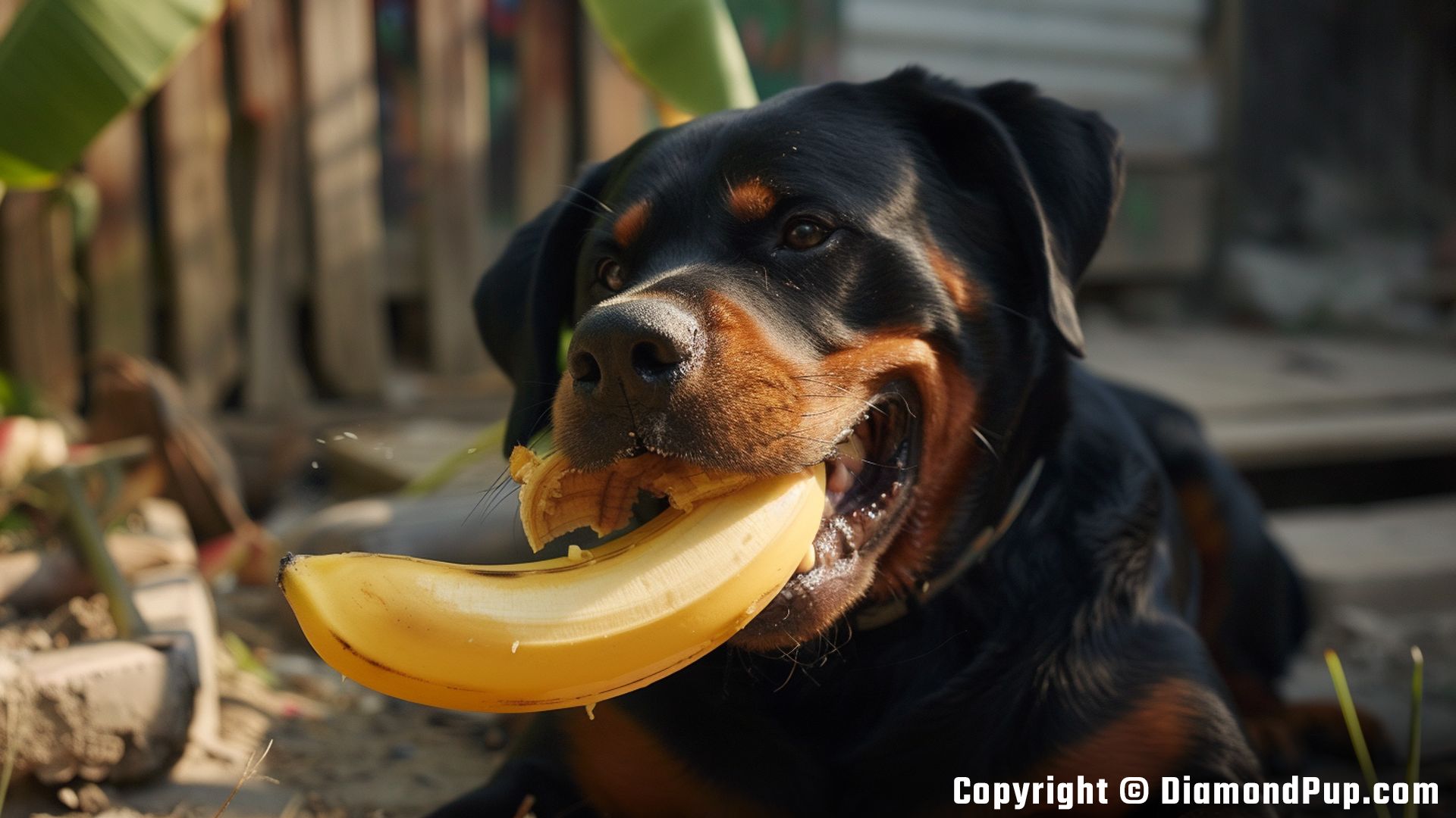 Photograph of Rottweiler Snacking on Banana