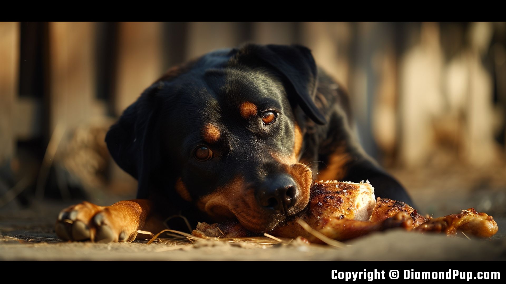 Photograph of Rottweiler Snacking on Chicken