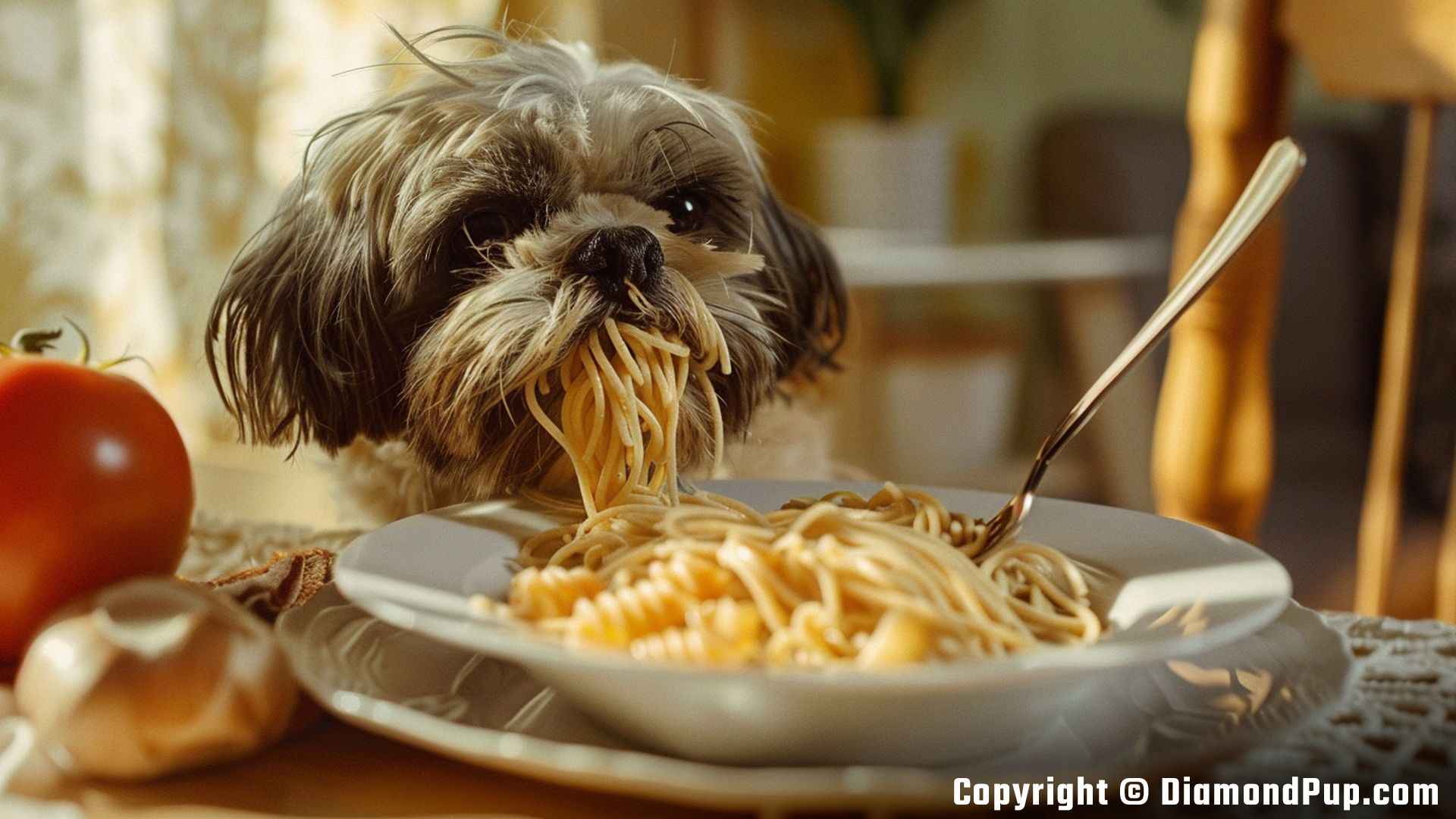 Photograph of Shih Tzu Snacking on Pasta
