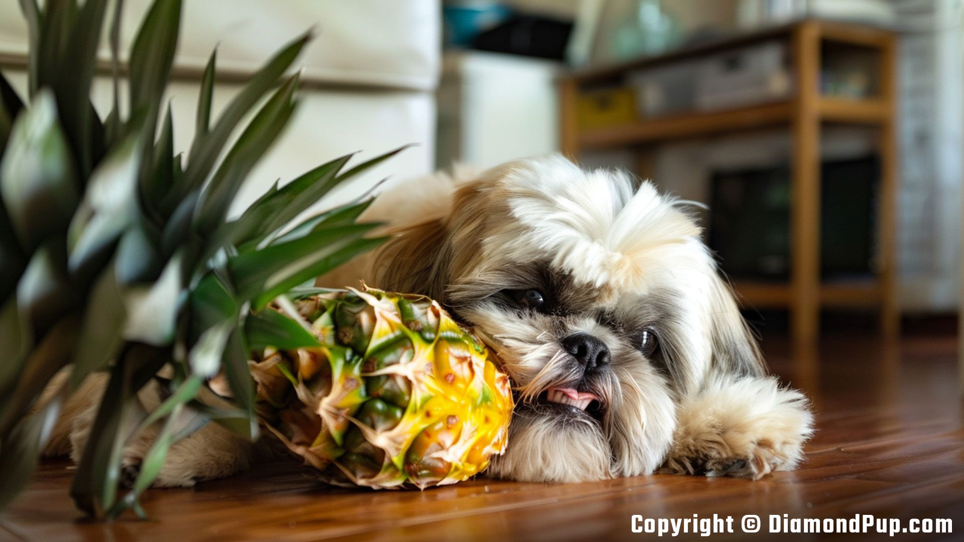 Photograph of Shih Tzu Snacking on Pineapple
