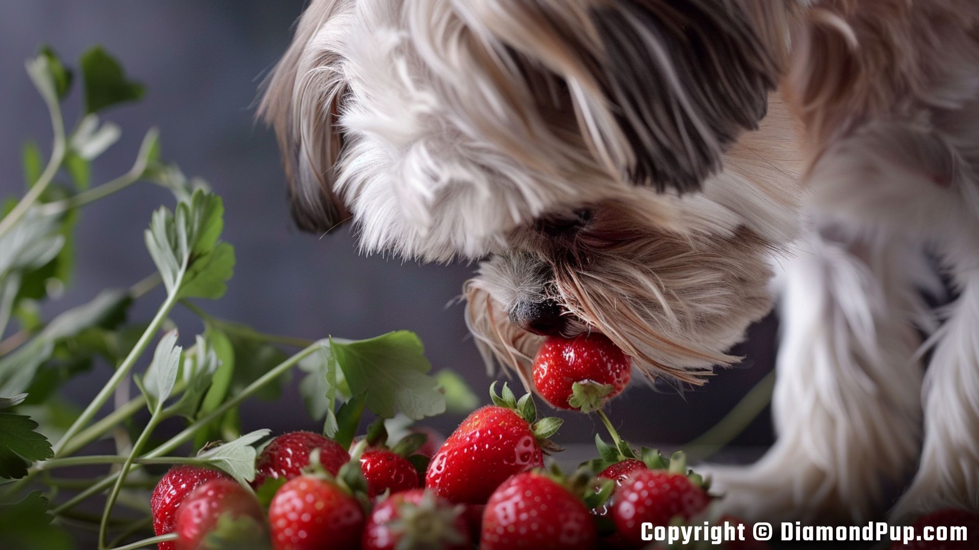 Photograph of Shih Tzu Snacking on Strawberries