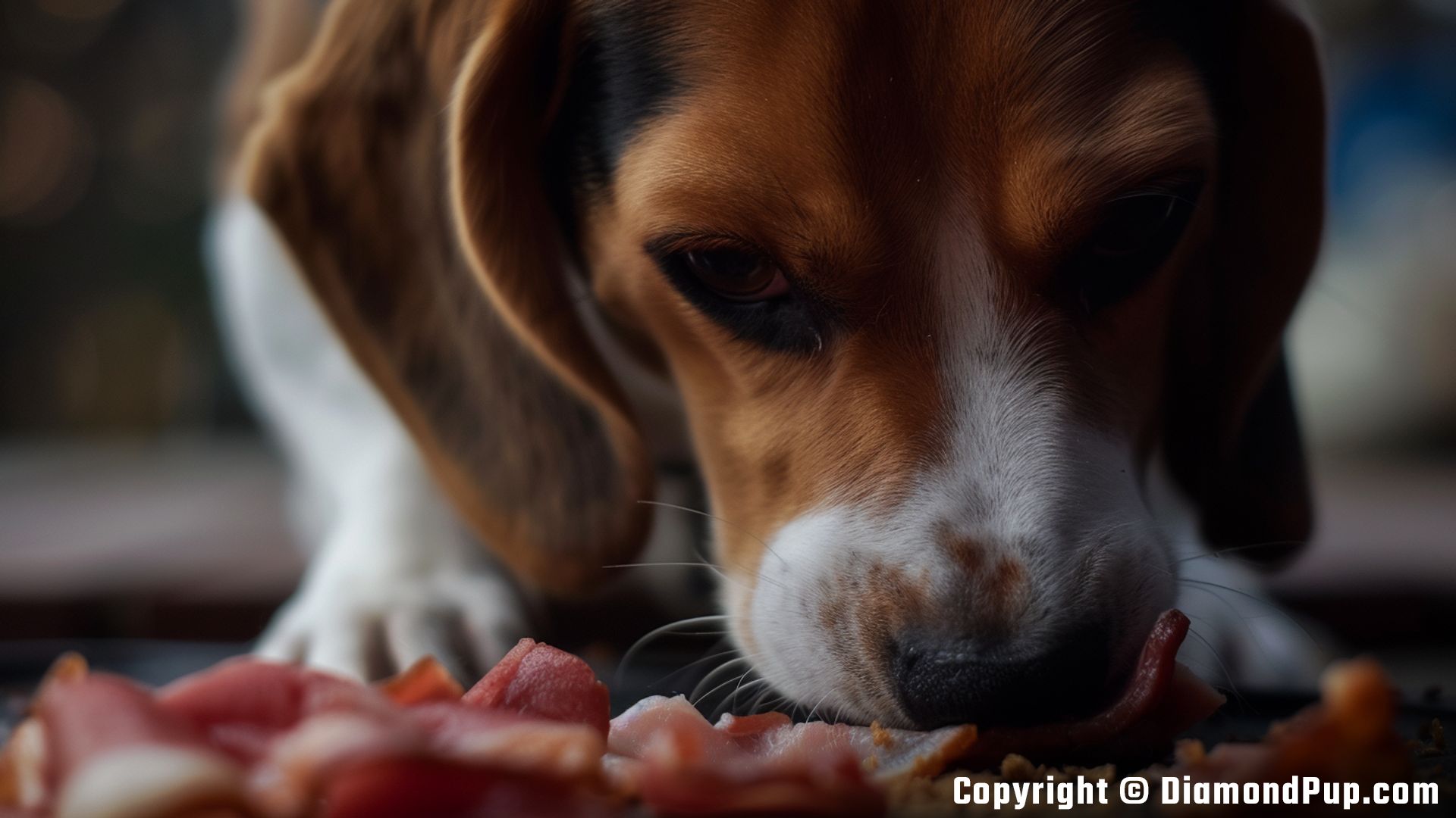 Picture of a Cute Beagle Eating Bacon