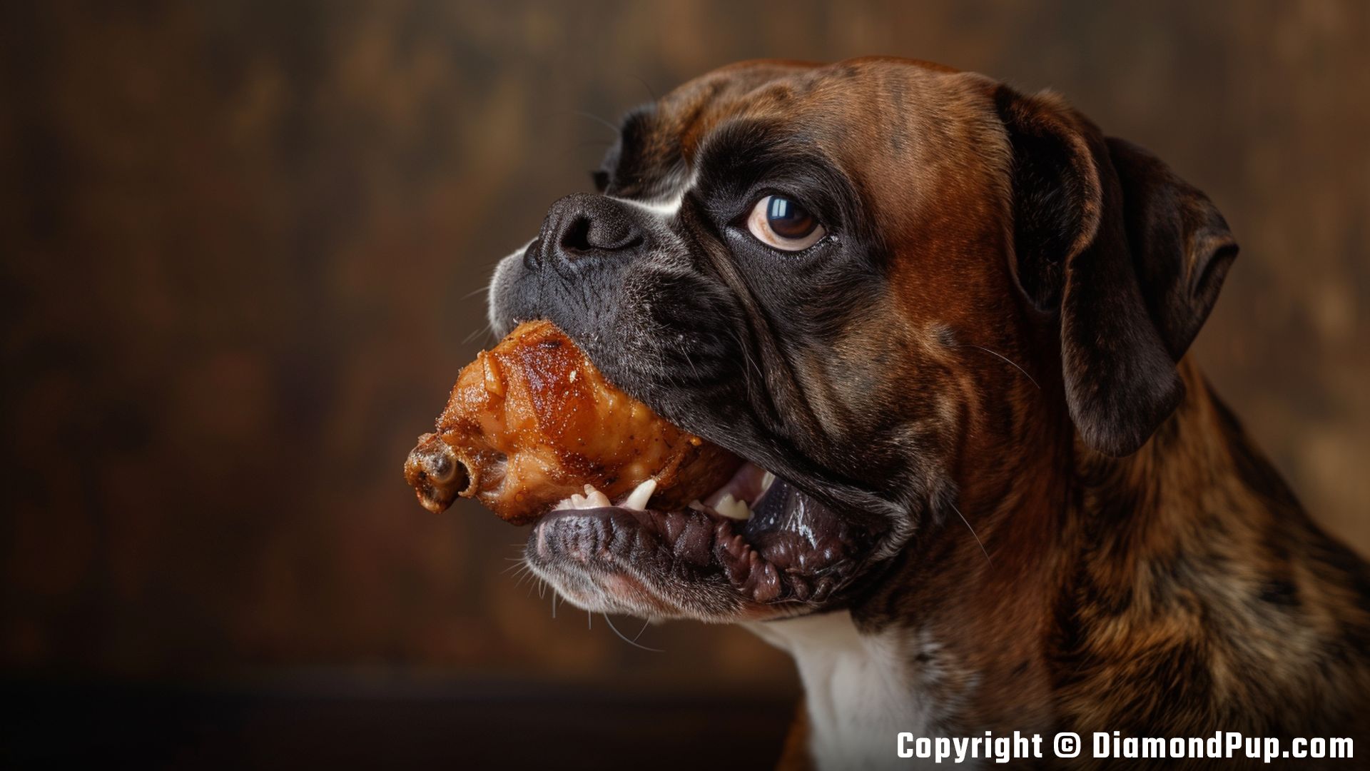 Picture of a Cute Boxer Eating Chicken