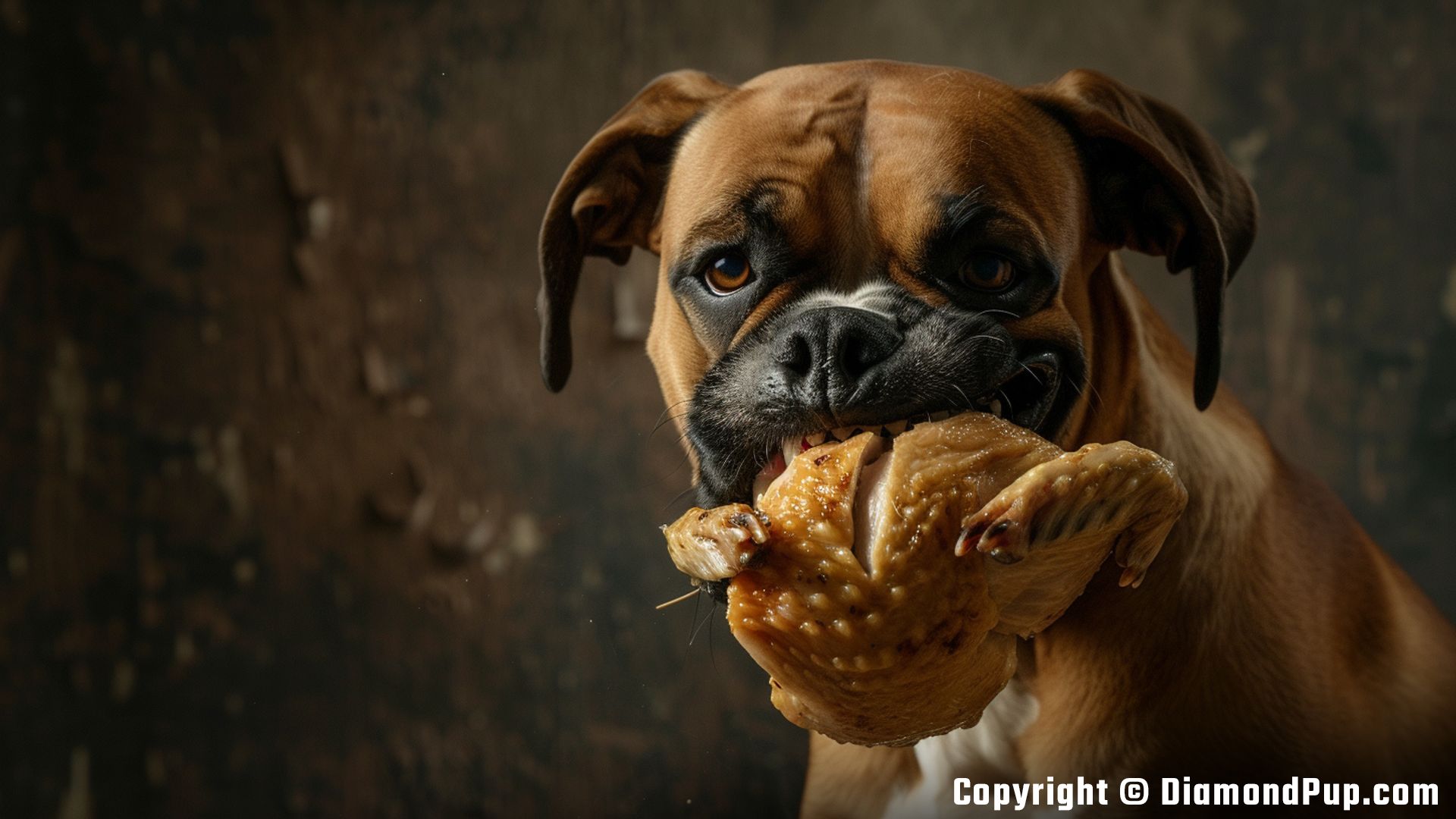Picture of a Cute Boxer Snacking on Chicken