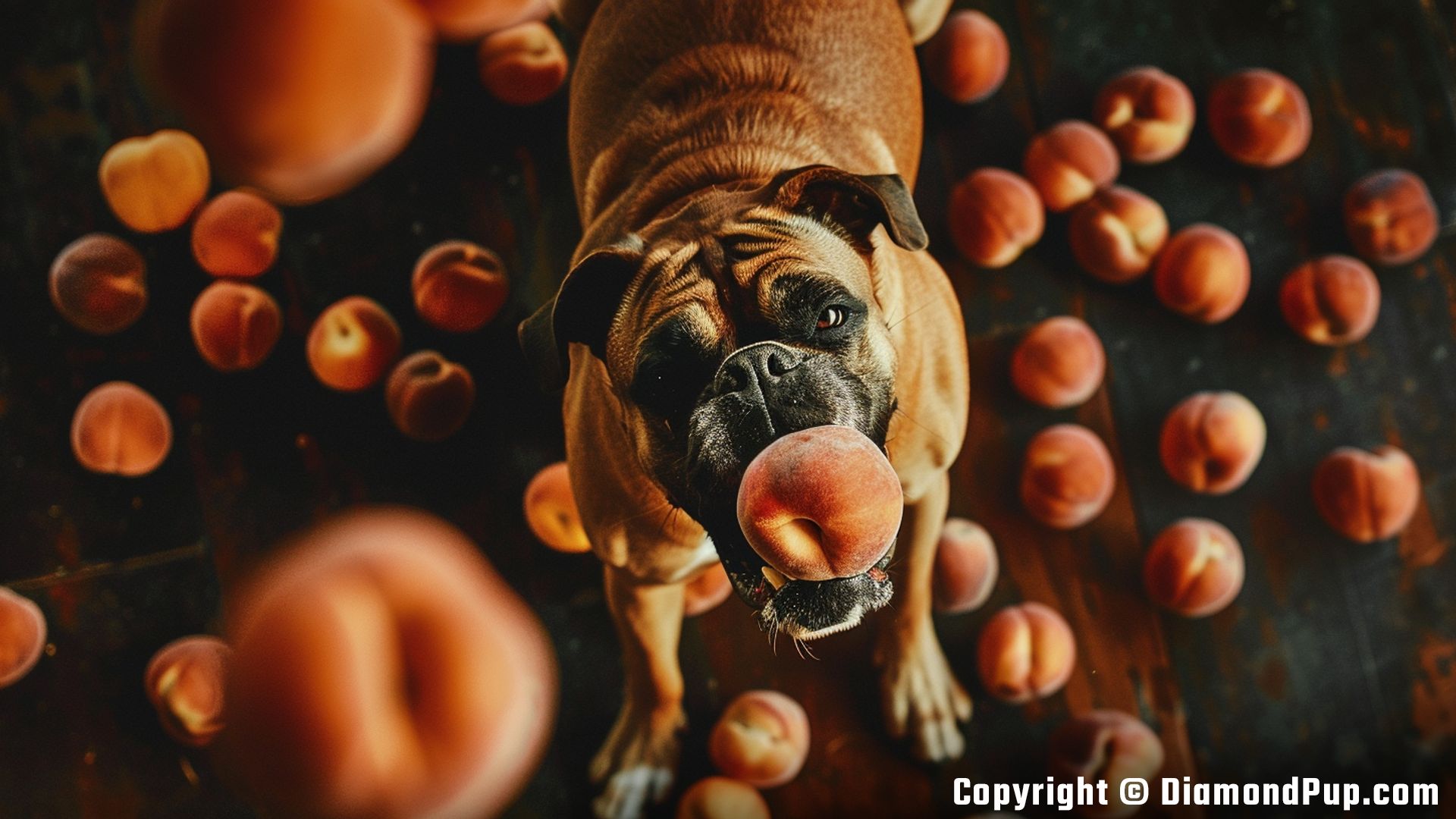 Picture of a Cute Boxer Snacking on Peaches