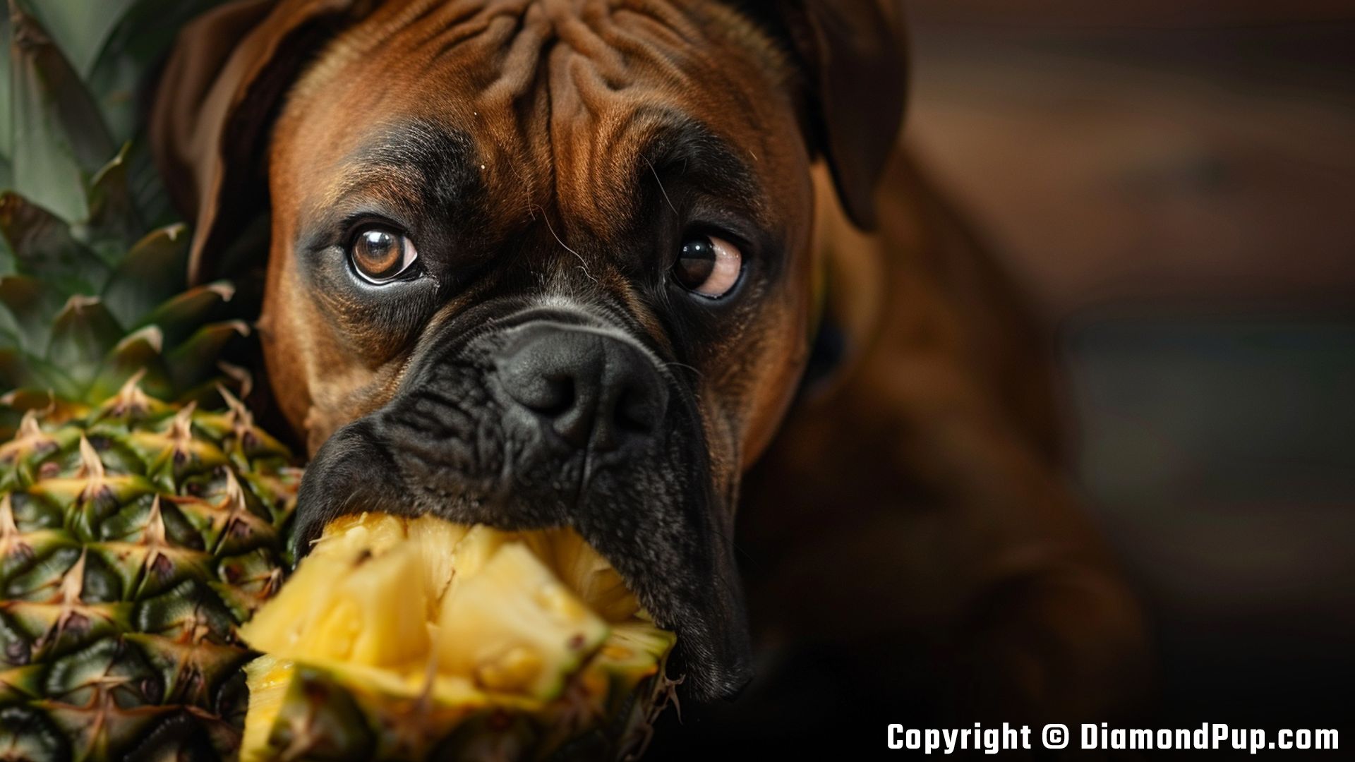 Picture of a Cute Boxer Snacking on Pineapple