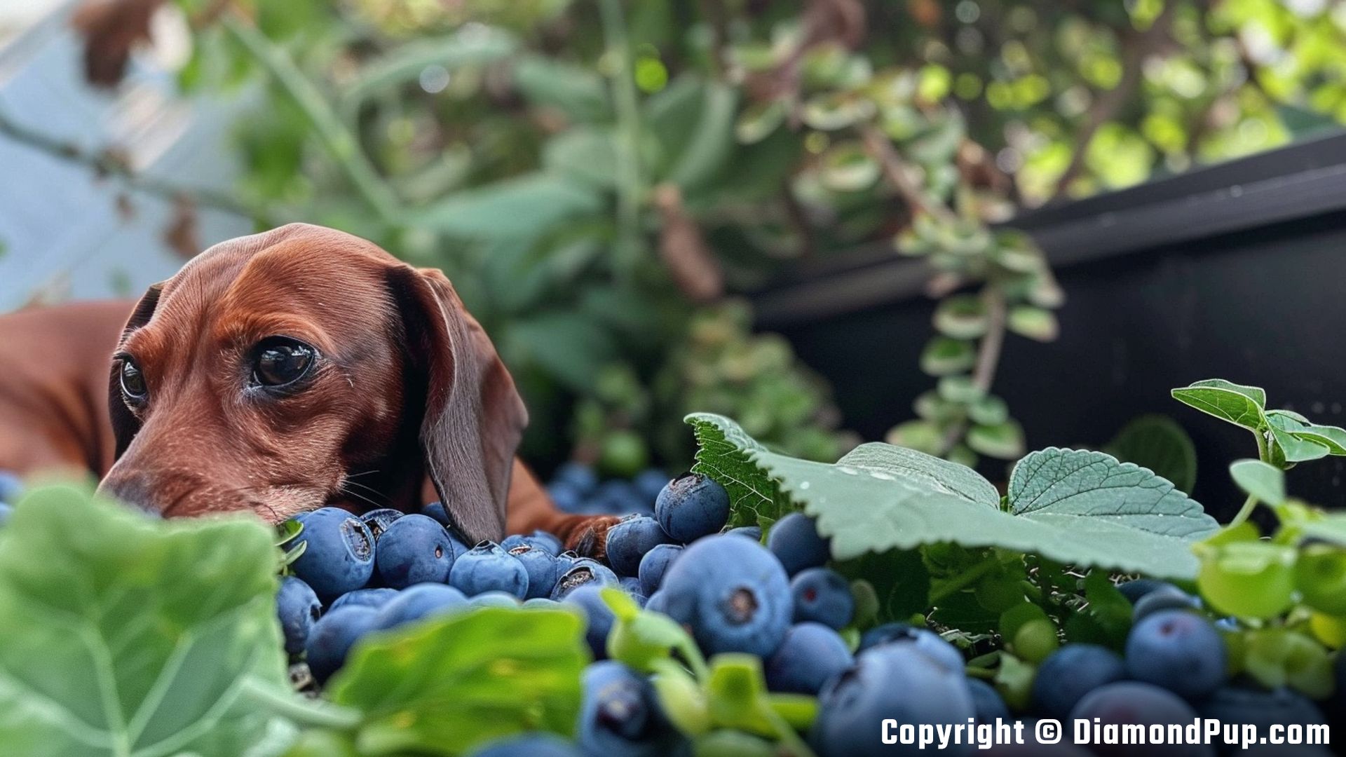 Picture of a Cute Dachshund Snacking on Blueberries