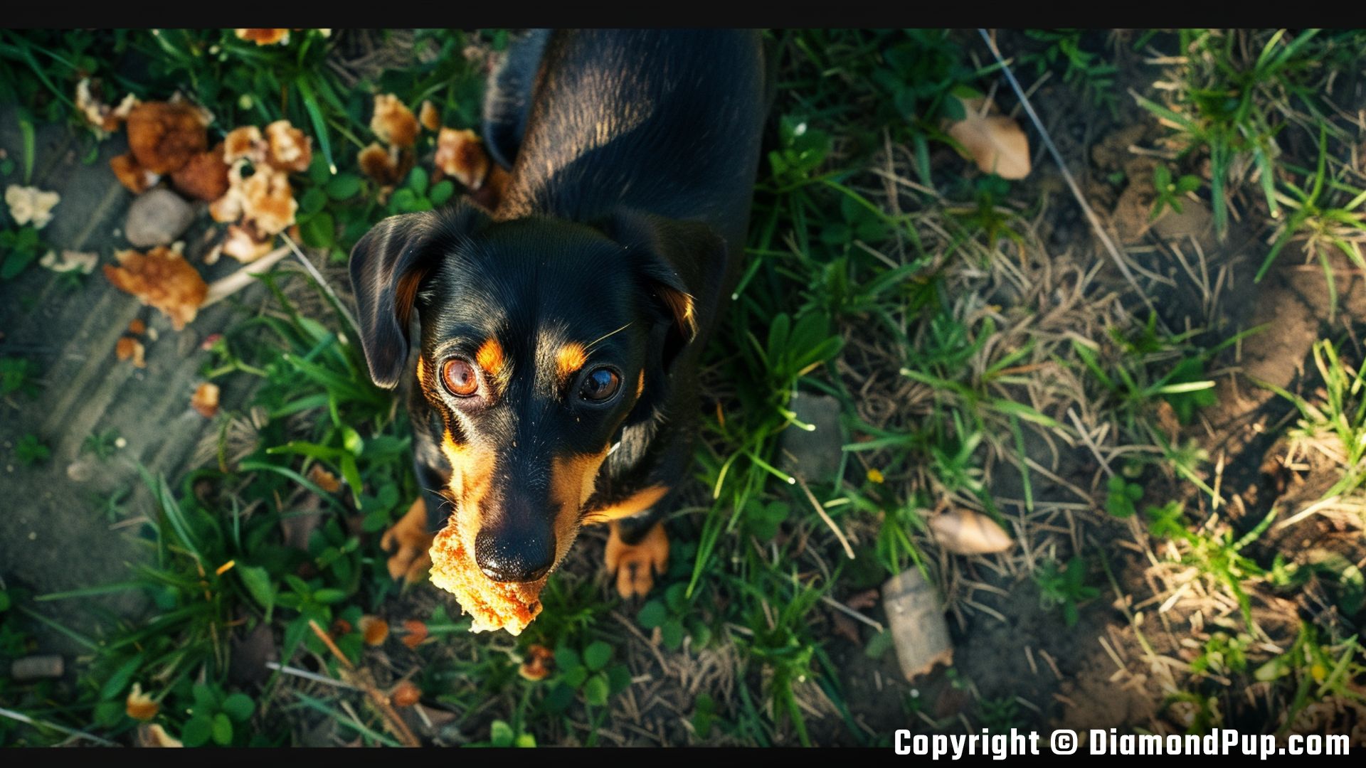 Picture of a Cute Dachshund Snacking on Chicken