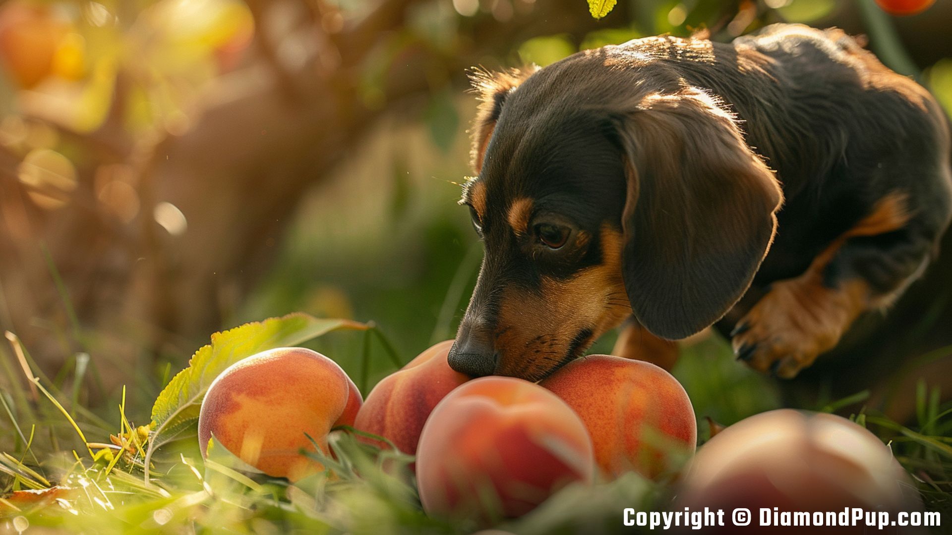 Picture of a Cute Dachshund Snacking on Peaches