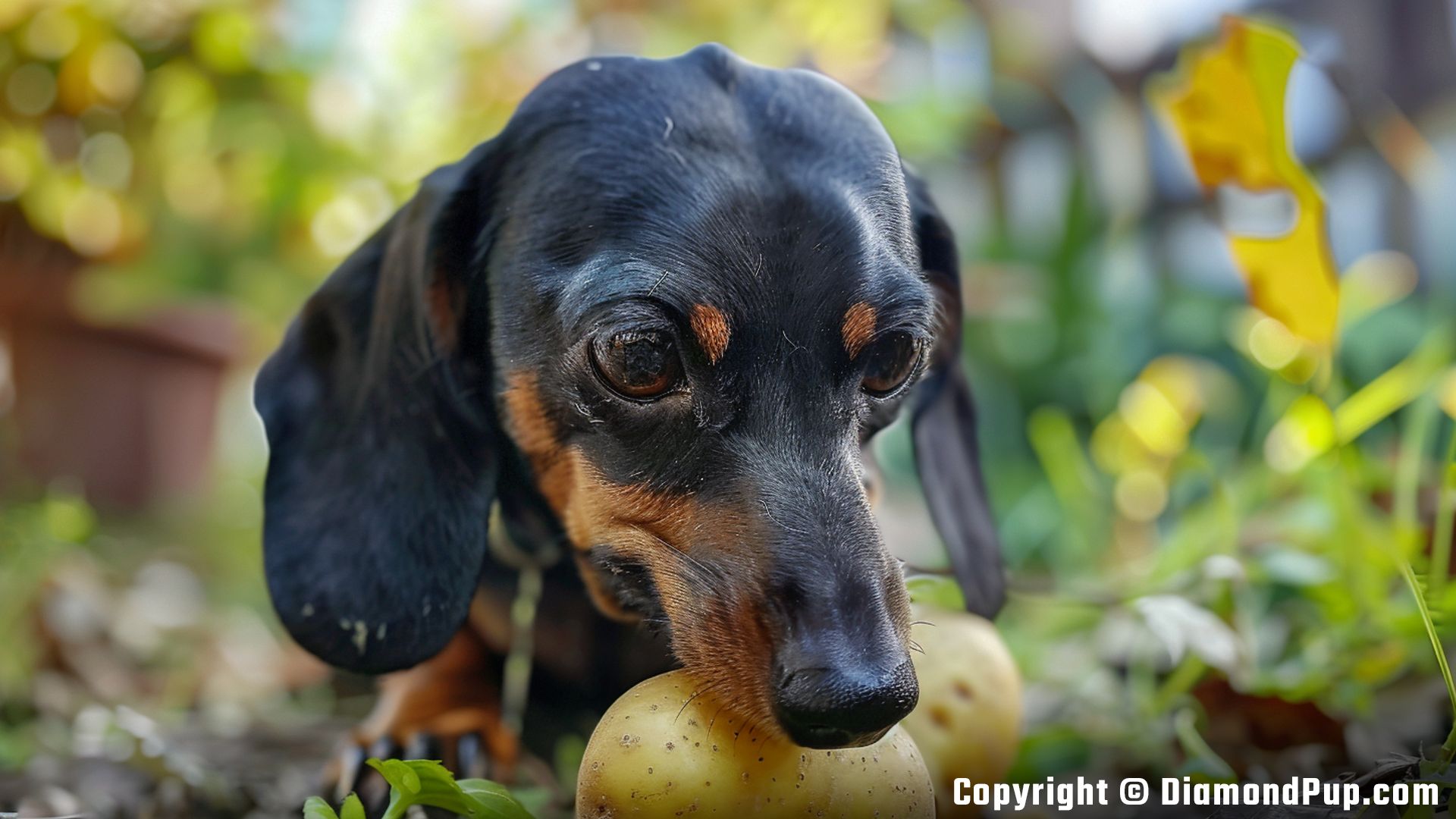 Picture of a Cute Dachshund Snacking on Potato