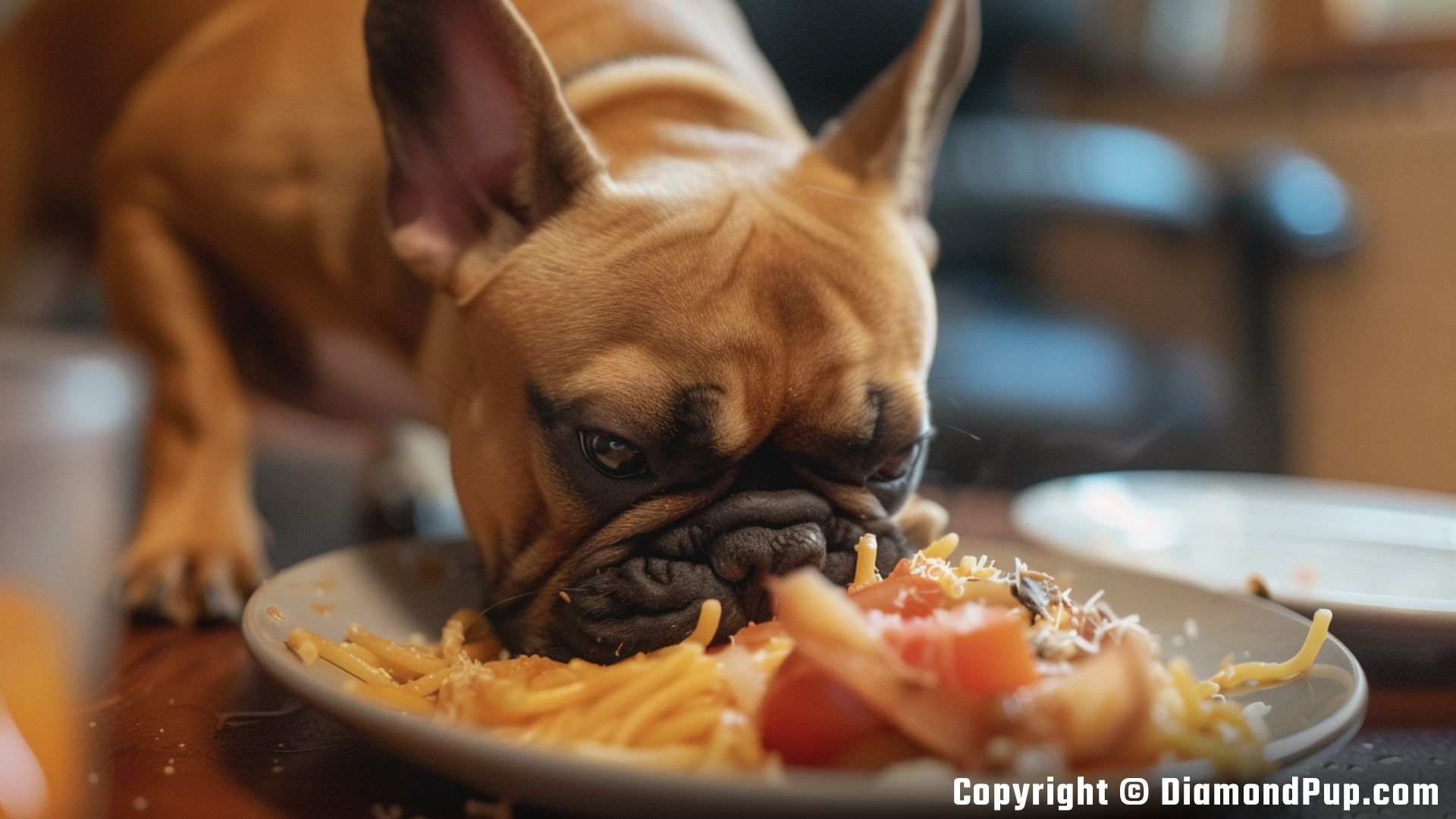 Picture of a Cute French Bulldog Eating Pasta