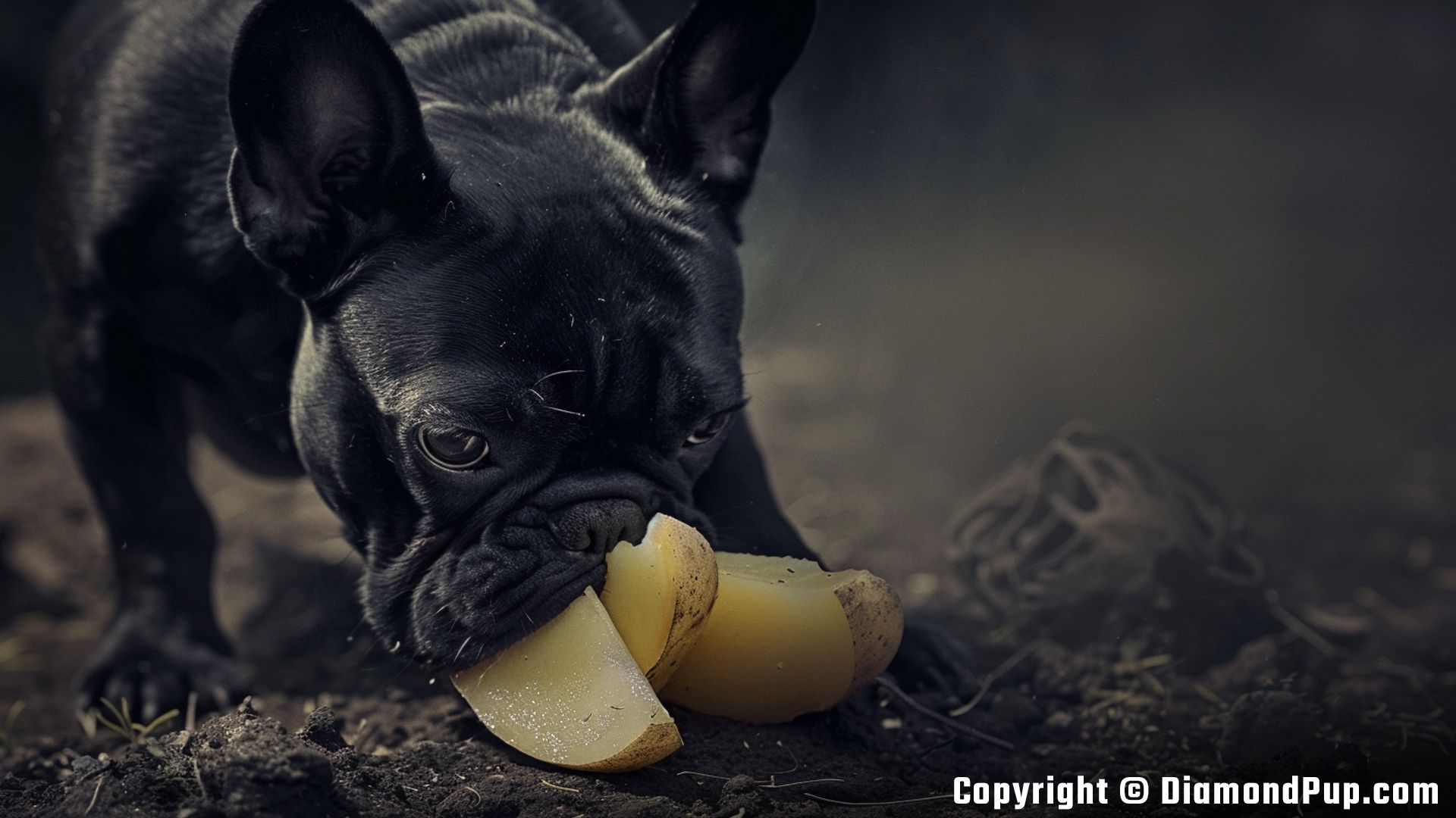 Picture of a Cute French Bulldog Eating Potato