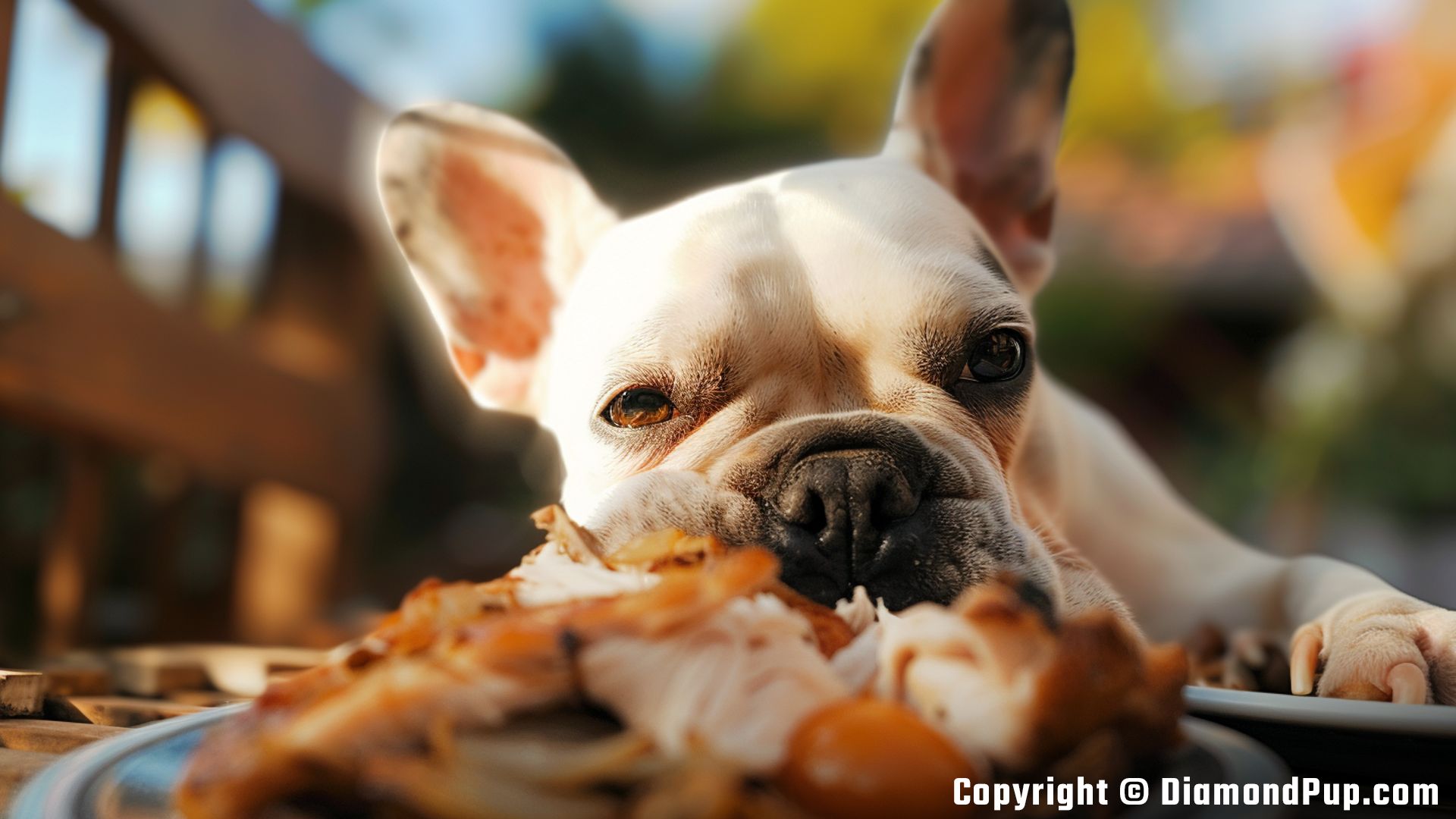 Picture of a Cute French Bulldog Snacking on Chicken