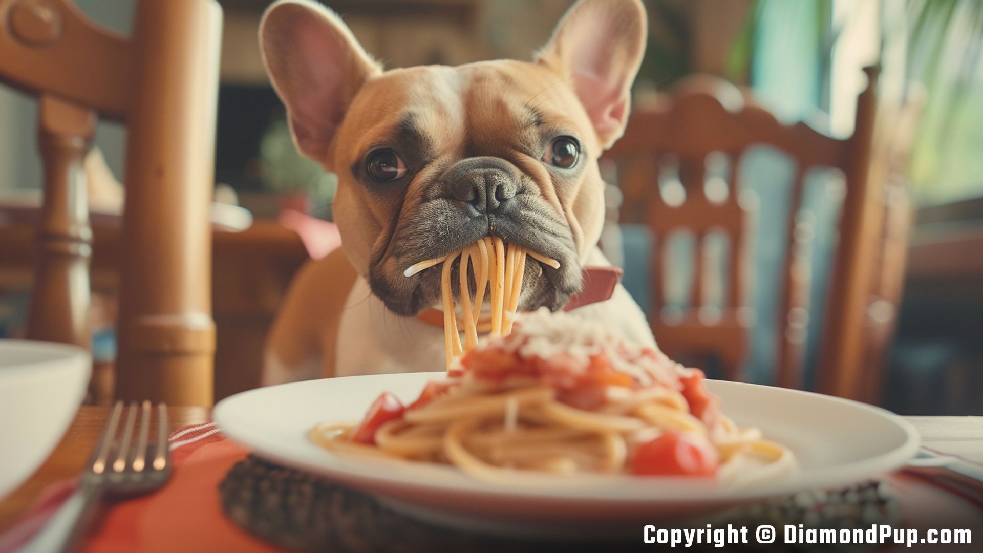 Picture of a Cute French Bulldog Snacking on Pasta