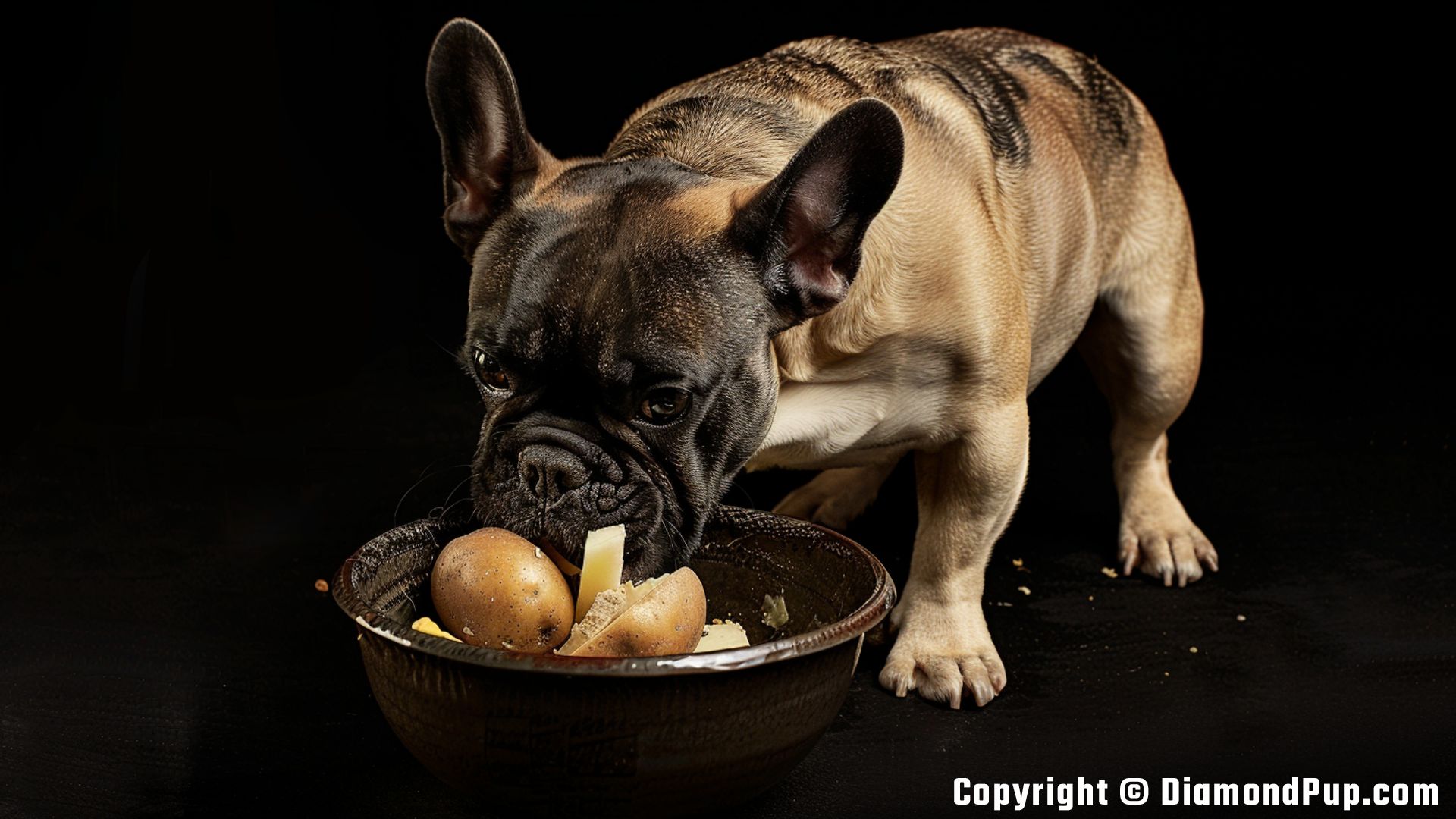 Picture of a Cute French Bulldog Snacking on Potato