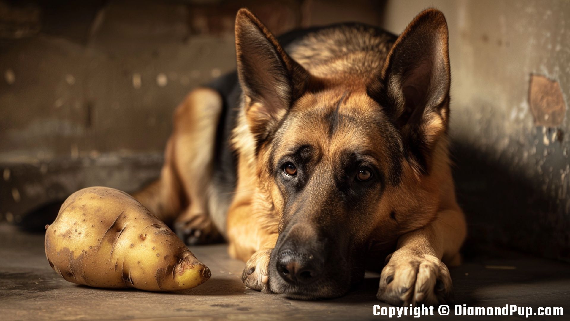 Picture of a Cute German Shepherd Eating Potato