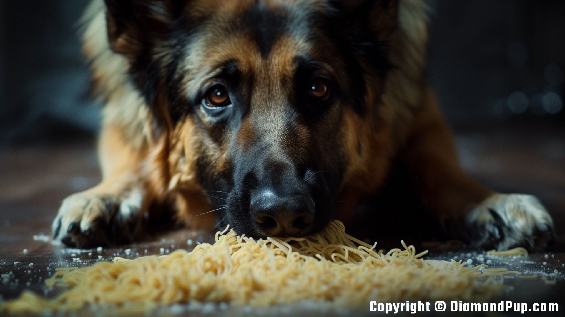 Picture of a Cute German Shepherd Snacking on Pasta