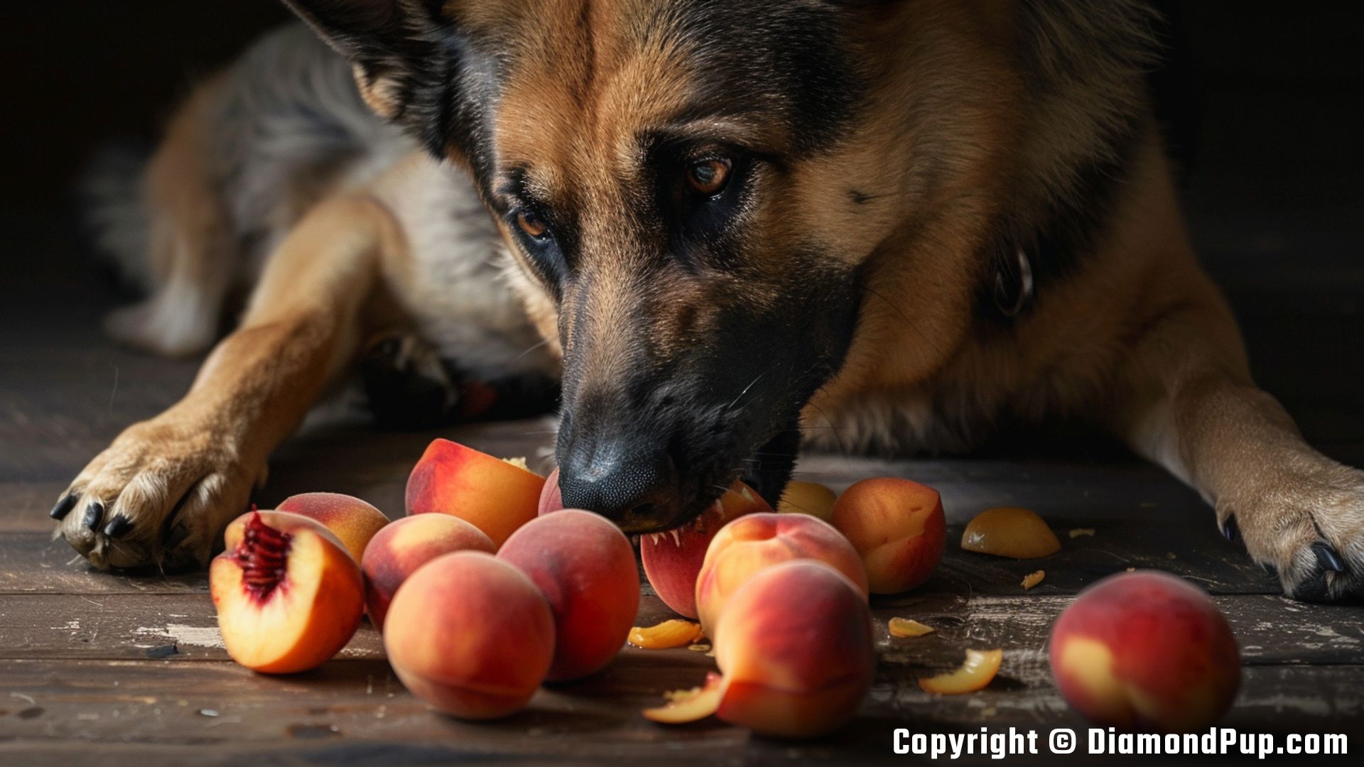 Picture of a Cute German Shepherd Snacking on Peaches