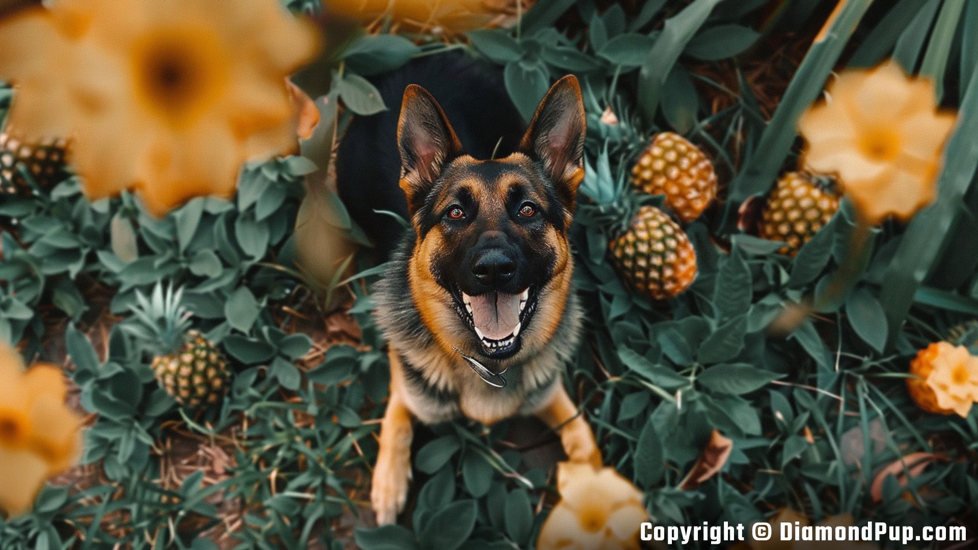 Picture of a Cute German Shepherd Snacking on Pineapple